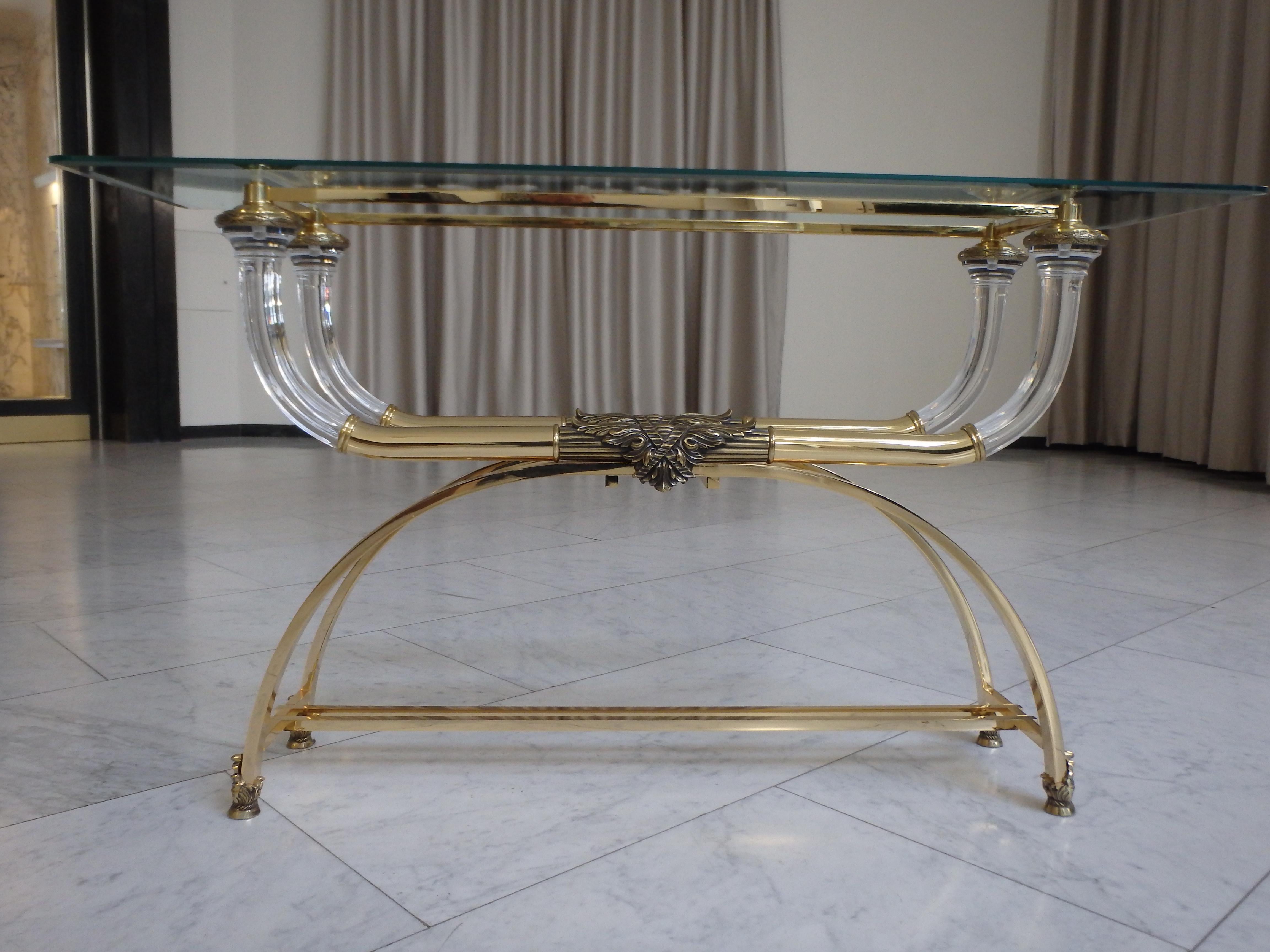 Modern Sophisticated console brass and plexiglass with cut glass top For Sale