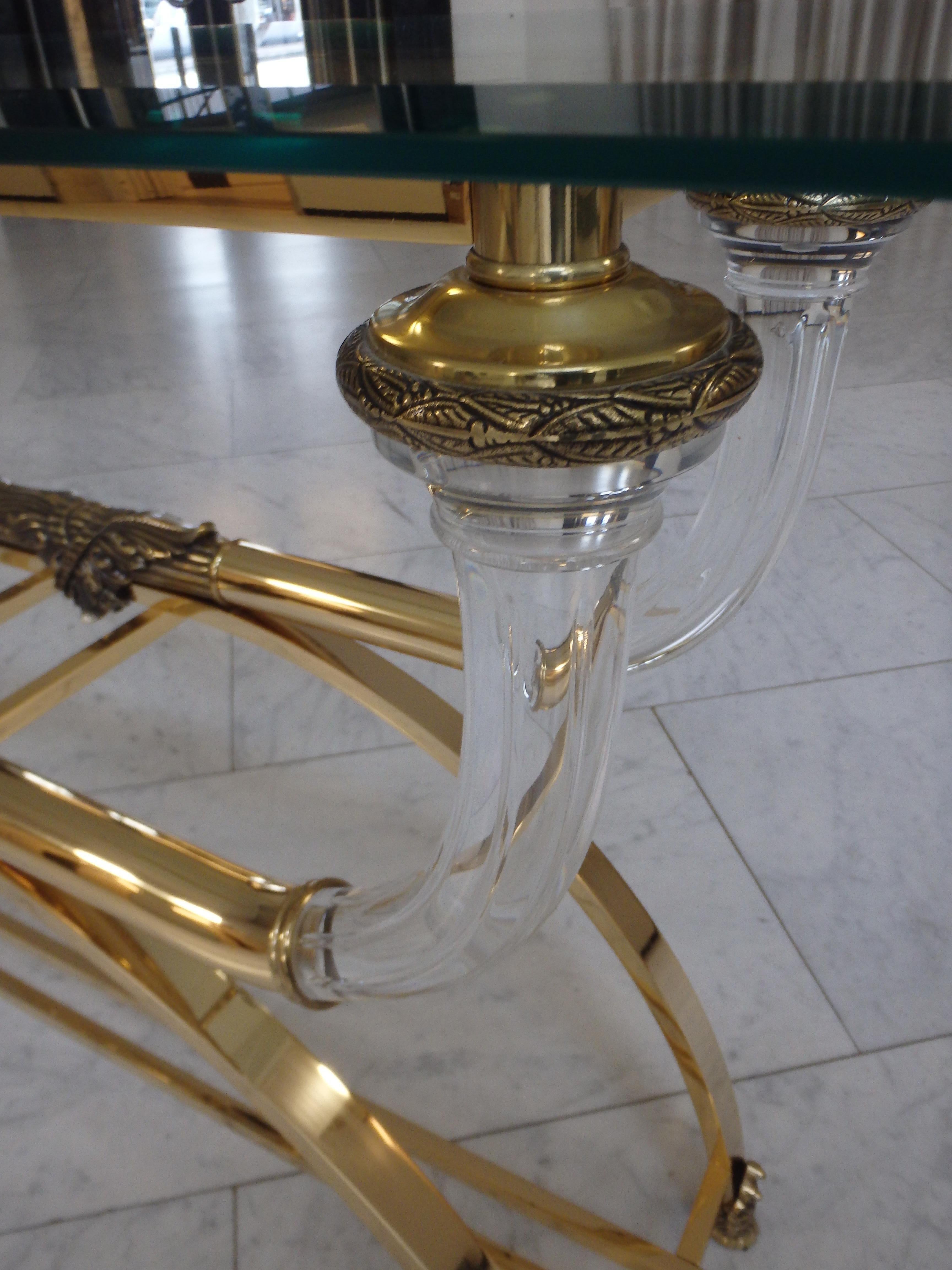Late 20th Century Sophisticated console brass and plexiglass with cut glass top For Sale