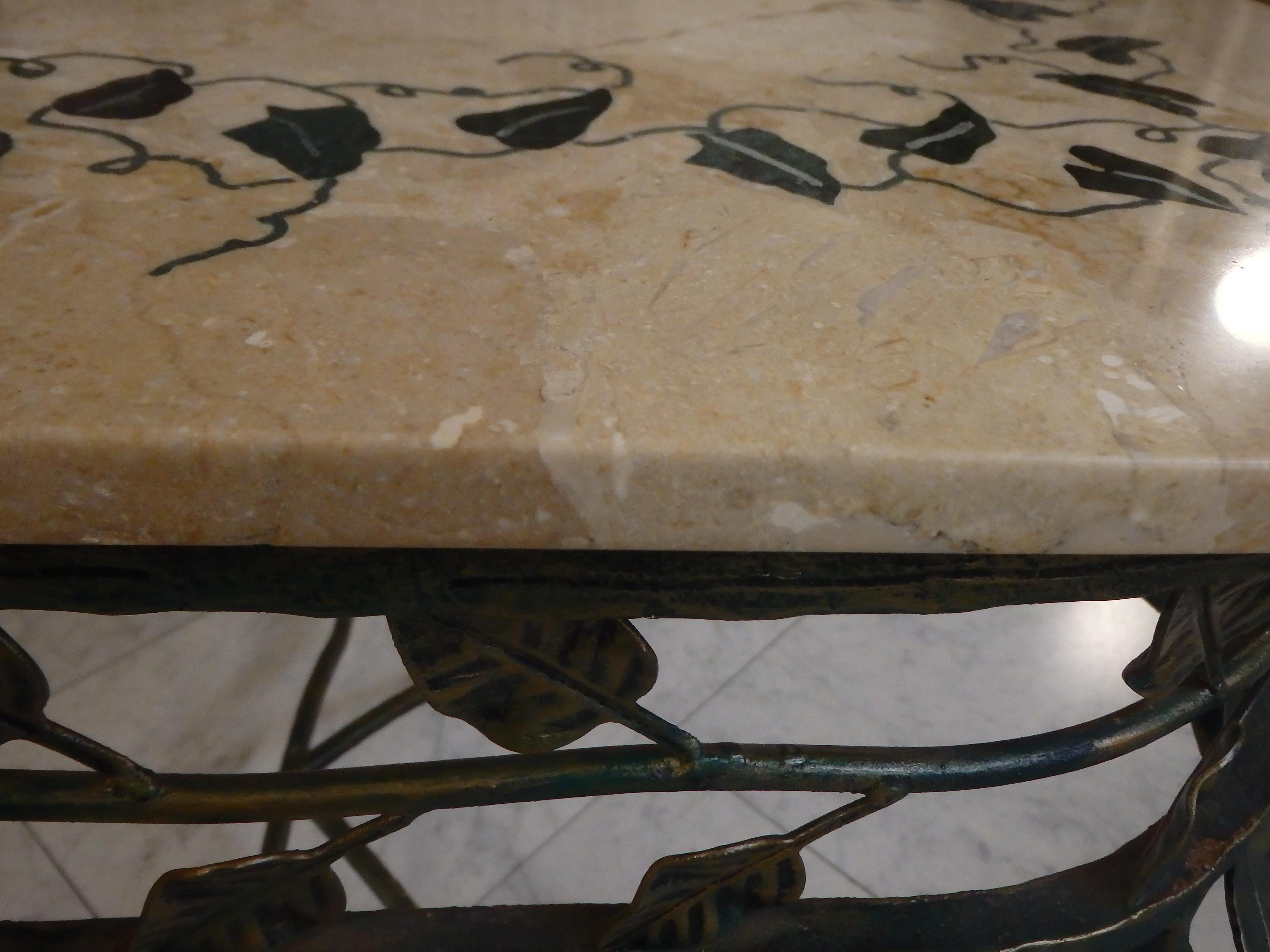 Sophisticated Console with Beige Marble Top with Inlay Leafs and Matching Mirror For Sale 10