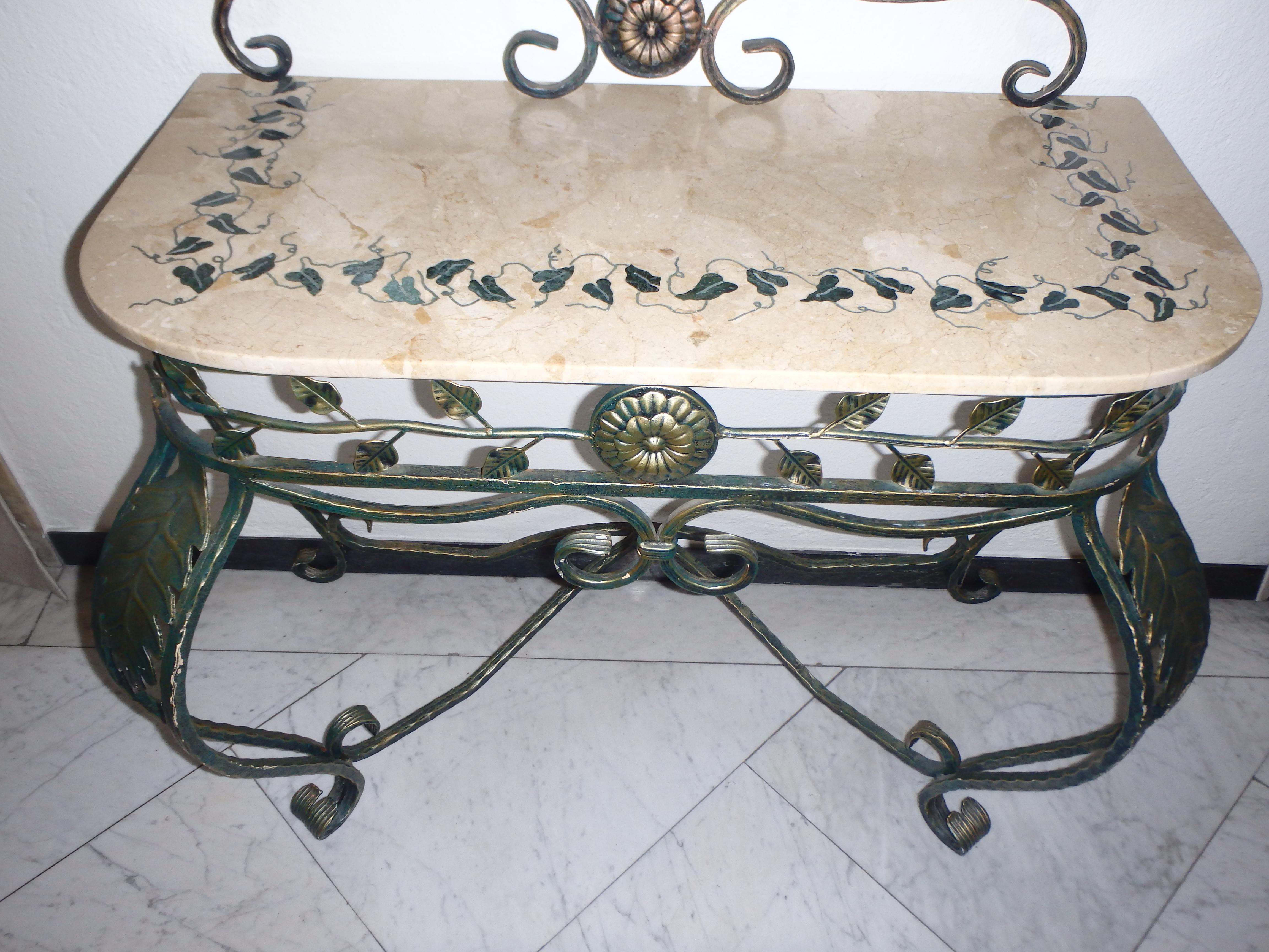French Sophisticated Console with Beige Marble Top with Inlay Leafs and Matching Mirror For Sale
