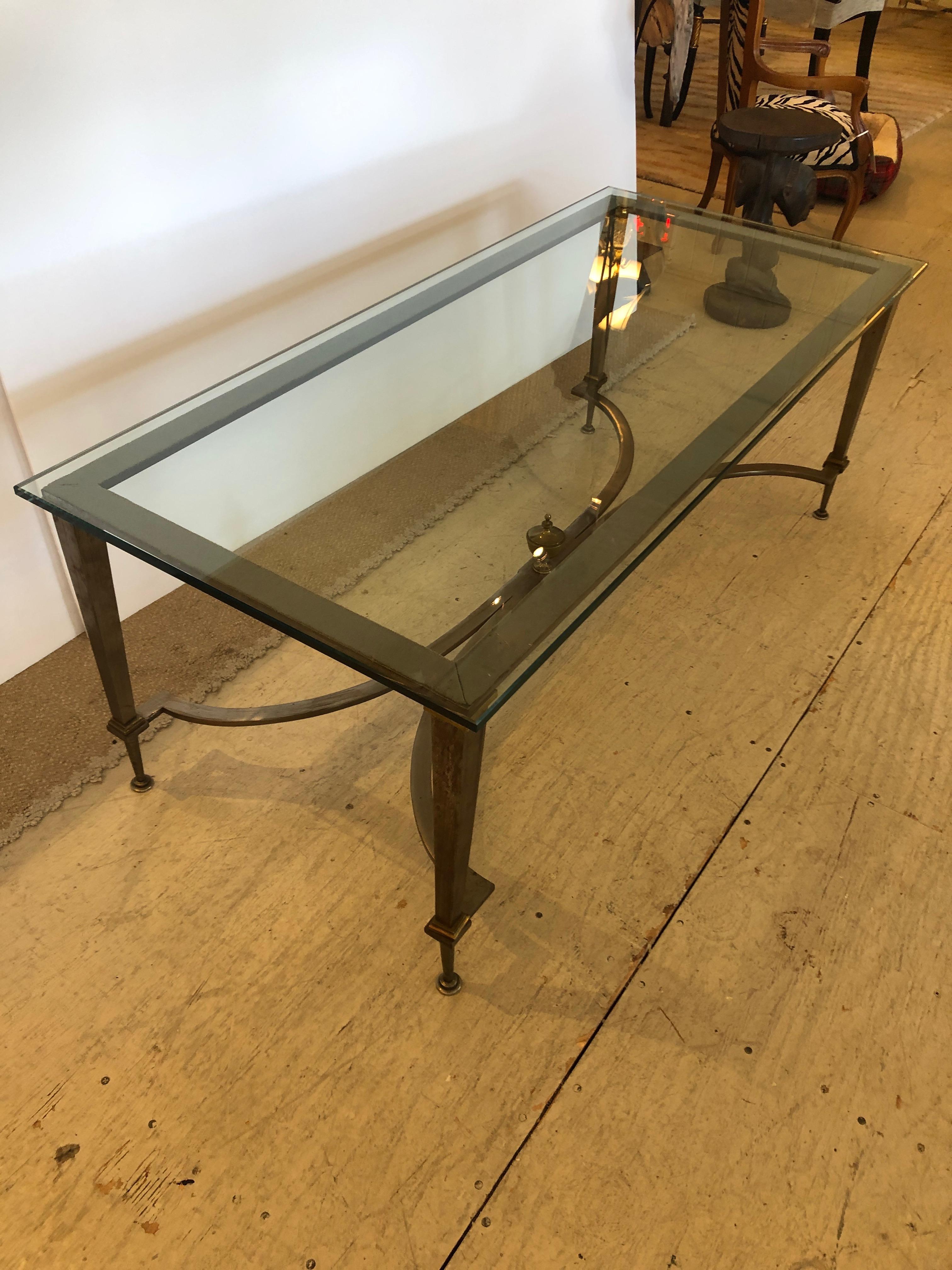 Sophisticated Directoire French Steel & Brass Rectangular Coffee Cocktail Table 1