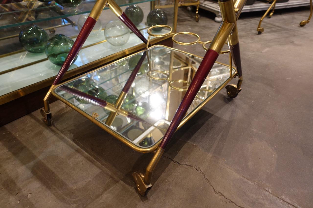 Mid-20th Century Sophisticated Folding French Drinks Trolley-Brass, Wood and Mirror
