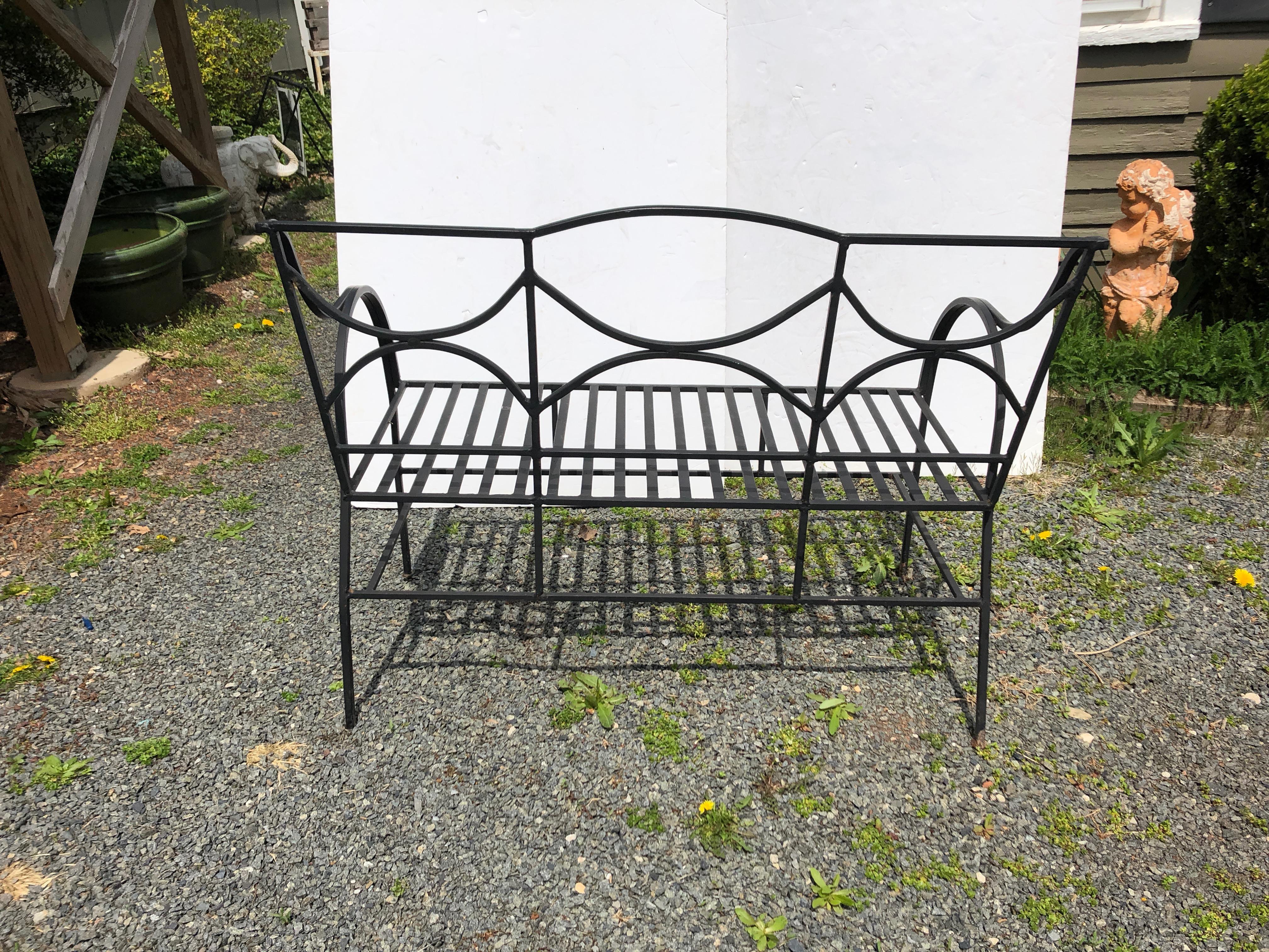 Sophisticated French Black Wrought Iron Neoclassical Patio Loveseat Bench 4