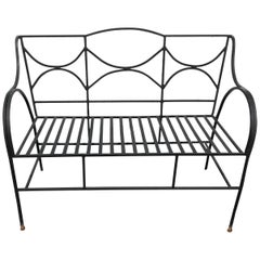 Vintage Sophisticated French Black Wrought Iron Neoclassical Patio Loveseat Bench