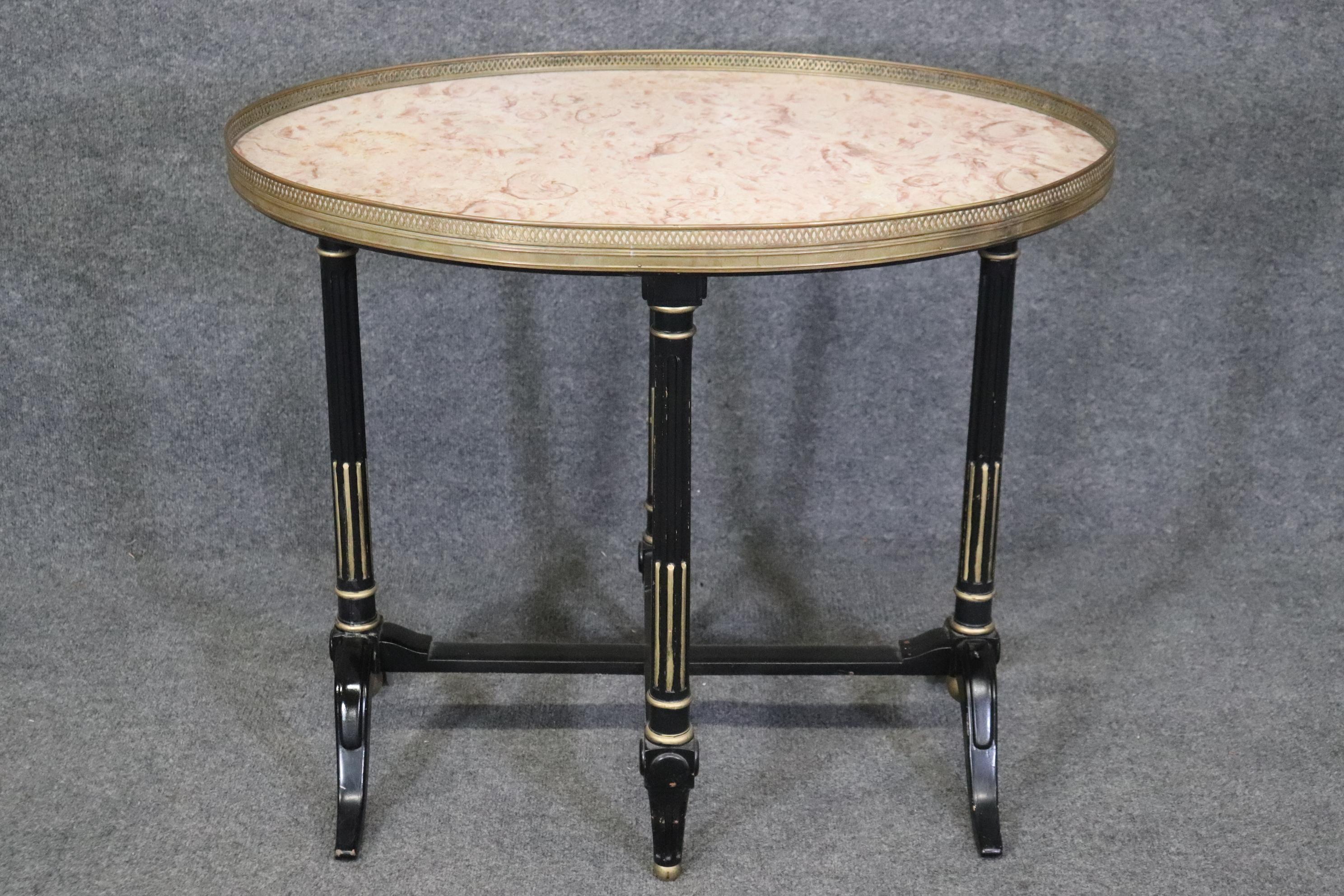 Mid-20th Century Sophisticated French Directoire Marble Top Brass Bound Ebonized Side End Table  For Sale