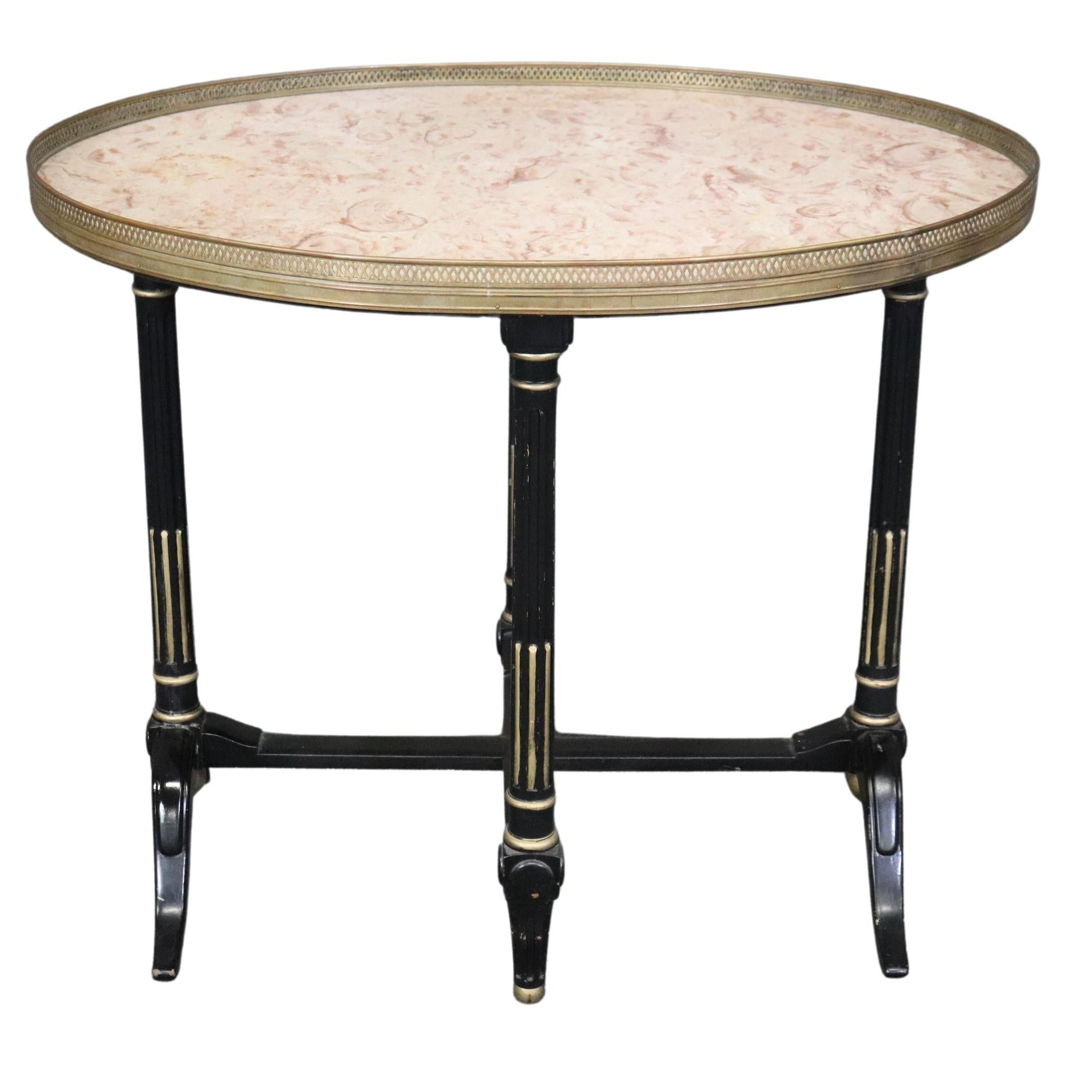 Sophisticated French Directoire Marble Top Brass Bound Ebonized Side End Table  For Sale