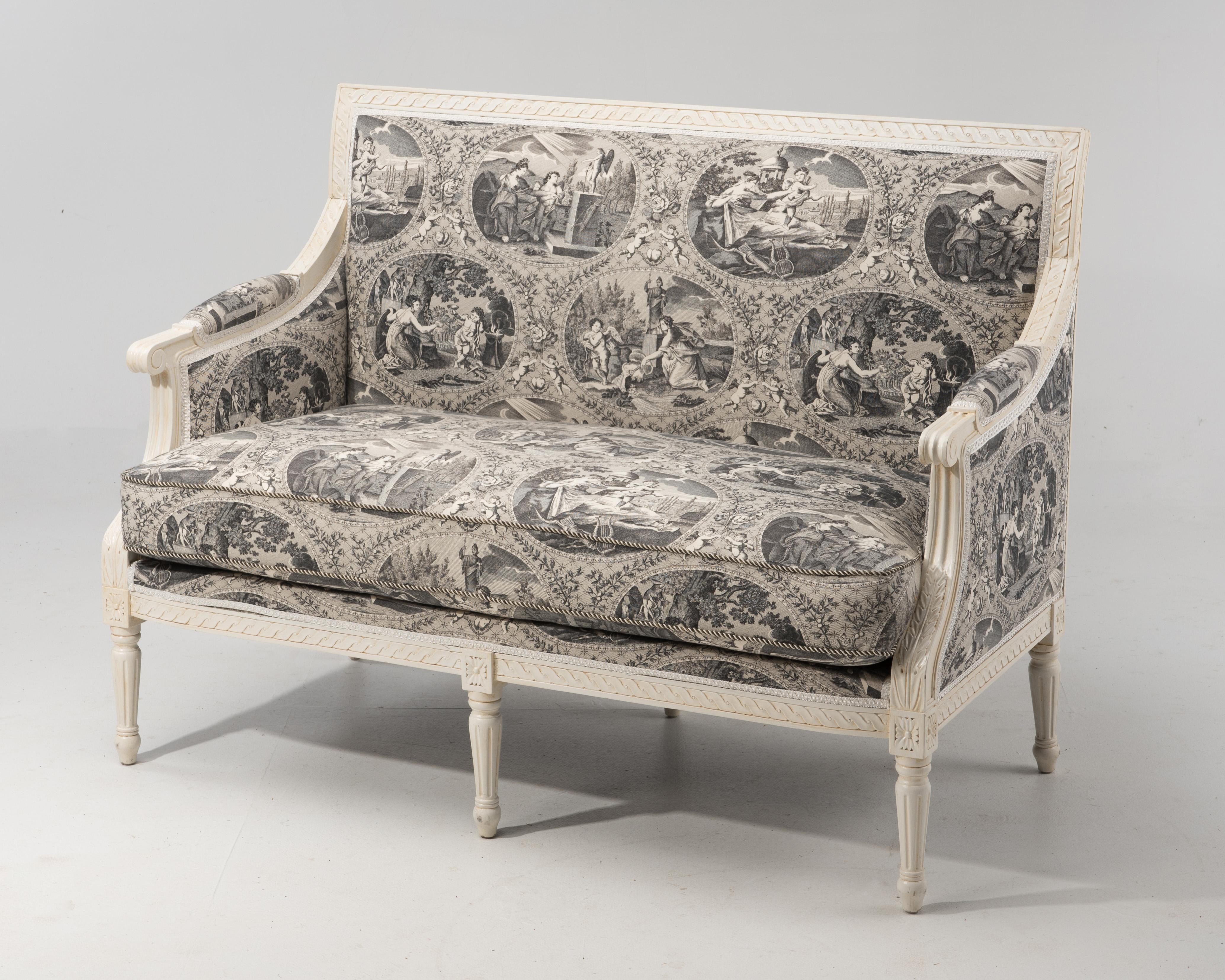 Sophisticated French Louis XVI Style Toile Upholstered Settee 3
