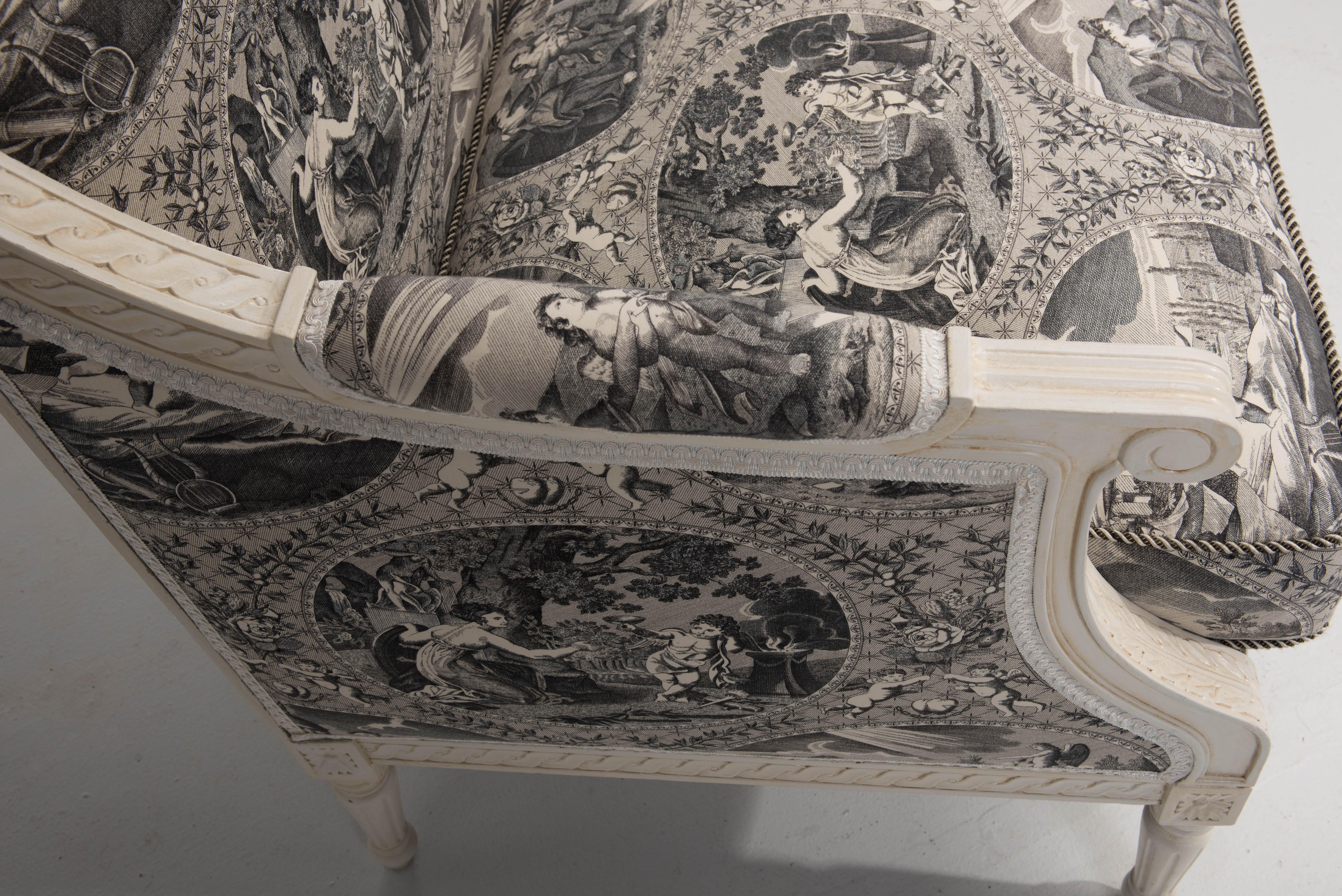 Upholstery Sophisticated French Louis XVI Style Toile Upholstered Settee