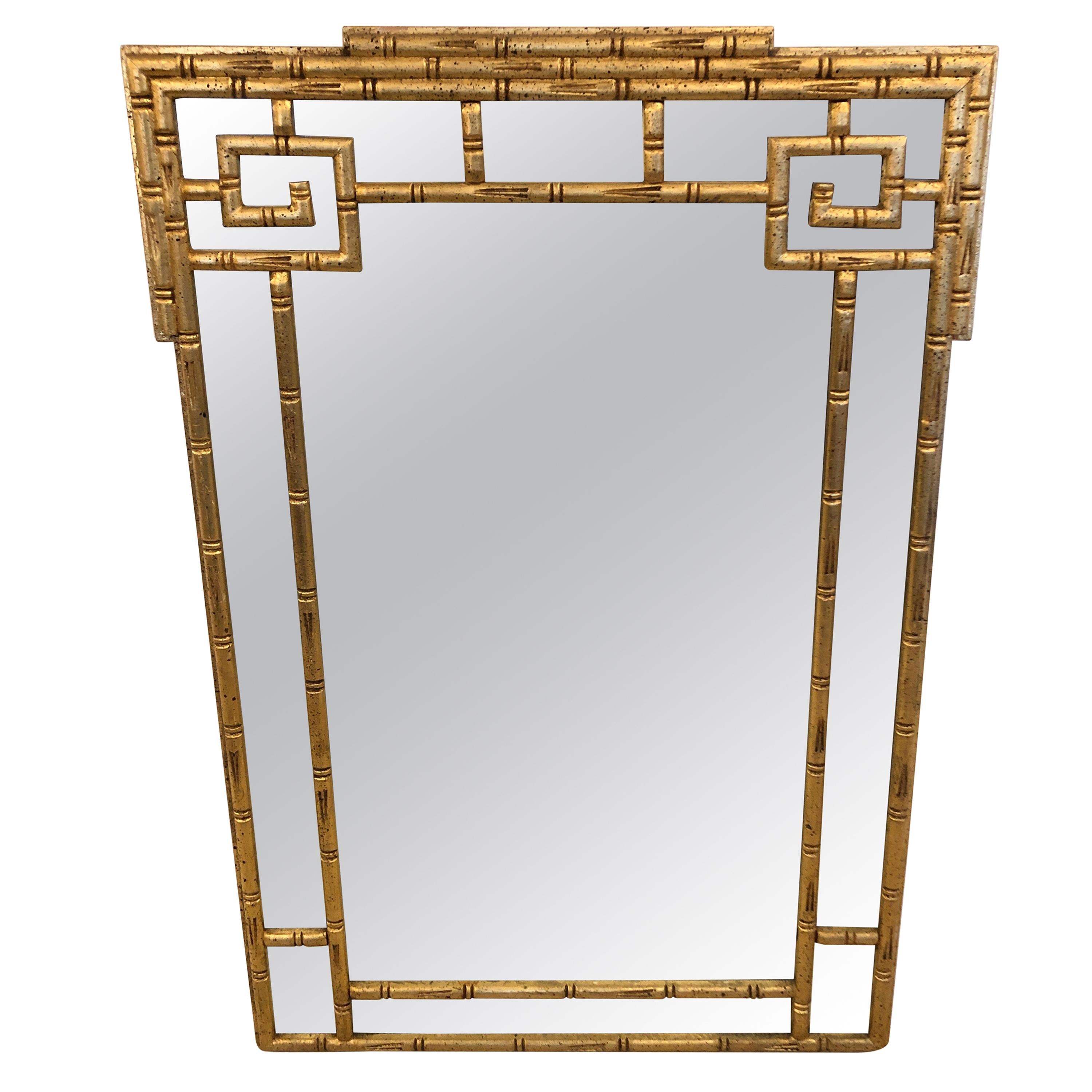 Miroir mural sophistiqué en bois doré:: clé grecque et faux bambou