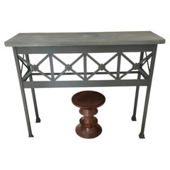 Sophisticated Grey Console Table with Geometric Latticework and Marble Top