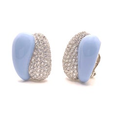 Sophisticated Half Baby Blue Enamel Half Pave Sterling Silver Clip Earrings