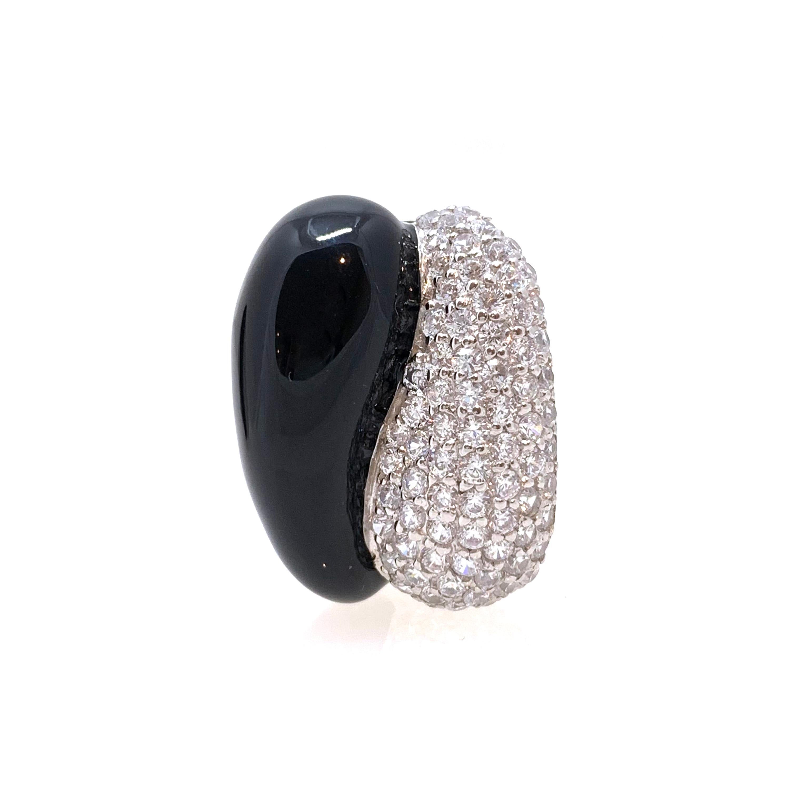 Contemporary Sophisticated Half Black Enamel Half Pave Clip-on Sterling Silver Earrings For Sale