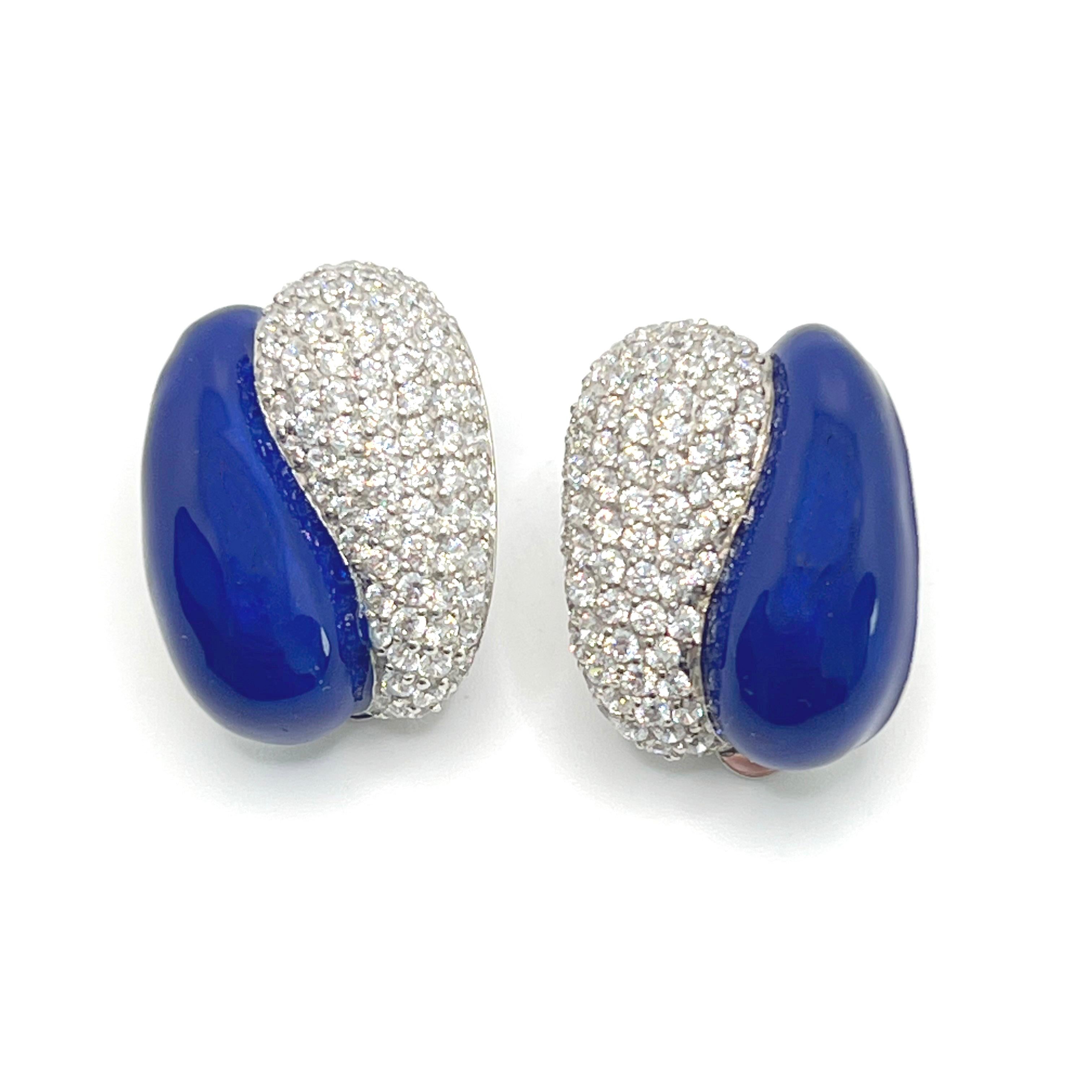 Contemporary Sophisticated Half Royal Blue Enamel Half Pave Sterling Silver Clip-on Earrings For Sale