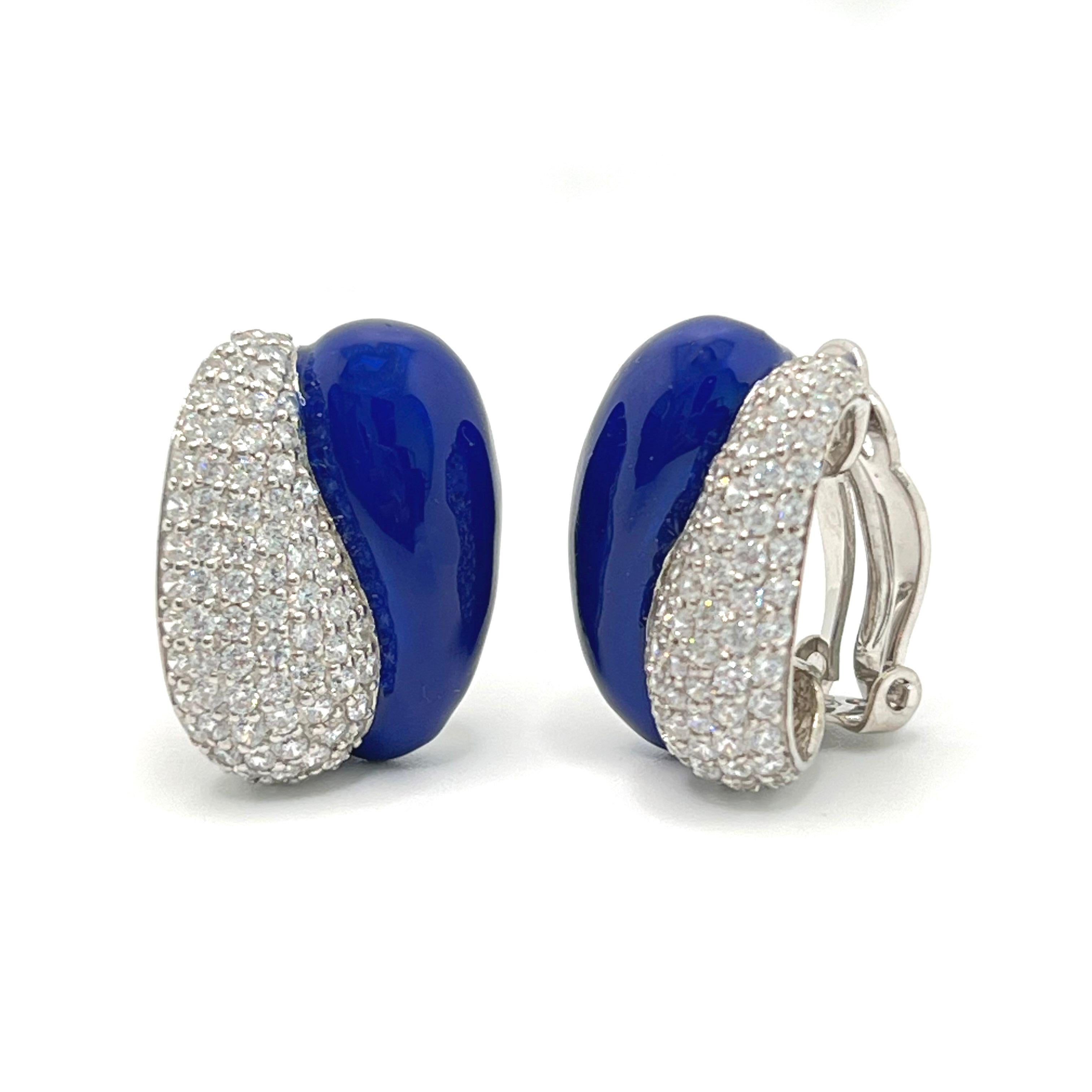 Sophisticated Half Royal Blue Enamel Half Pave Sterling Silver Clip-on Earrings In New Condition For Sale In Los Angeles, CA