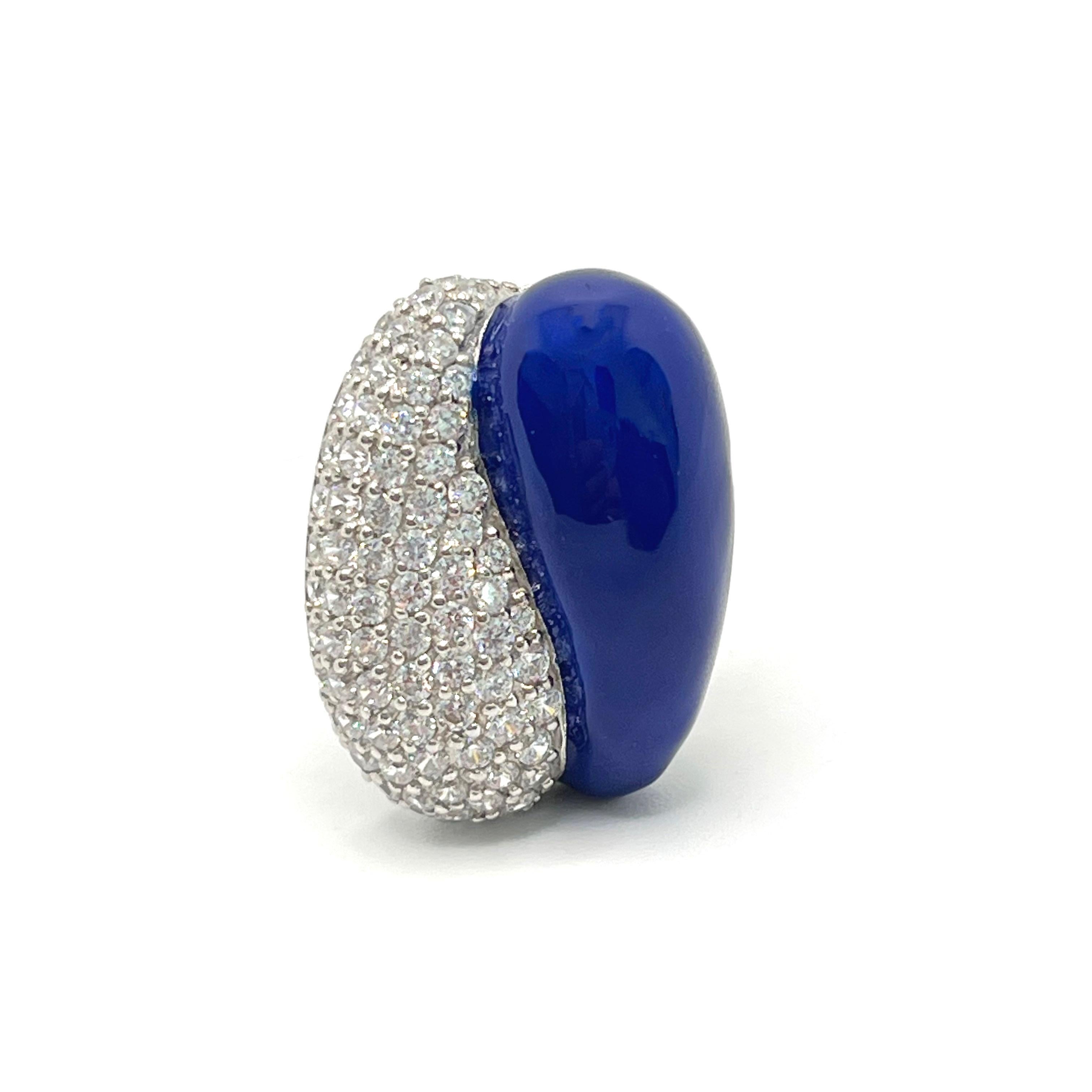 Women's Sophisticated Half Royal Blue Enamel Half Pave Sterling Silver Clip-on Earrings For Sale