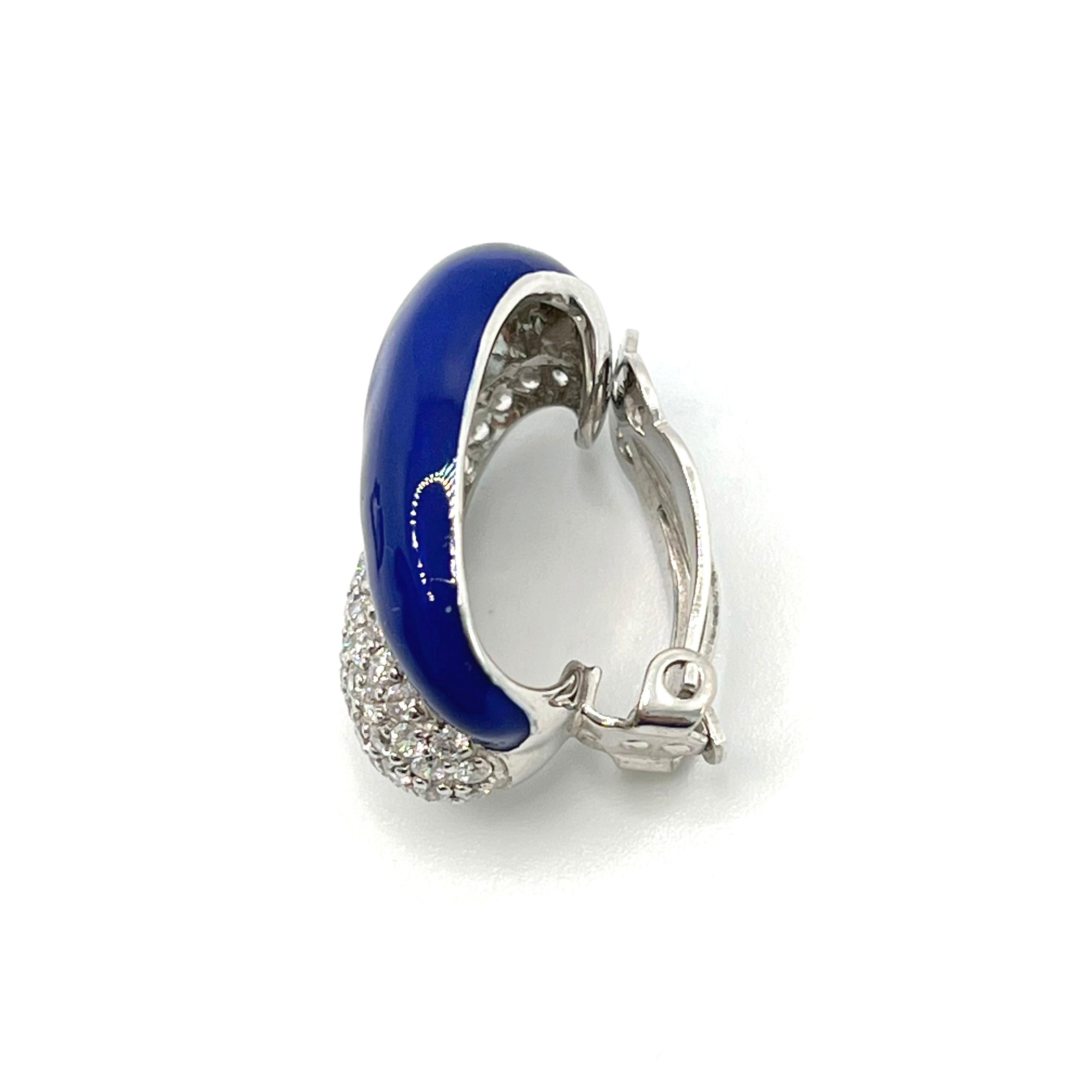 Sophisticated Half Royal Blue Enamel Half Pave Sterling Silver Clip-on Earrings For Sale 1