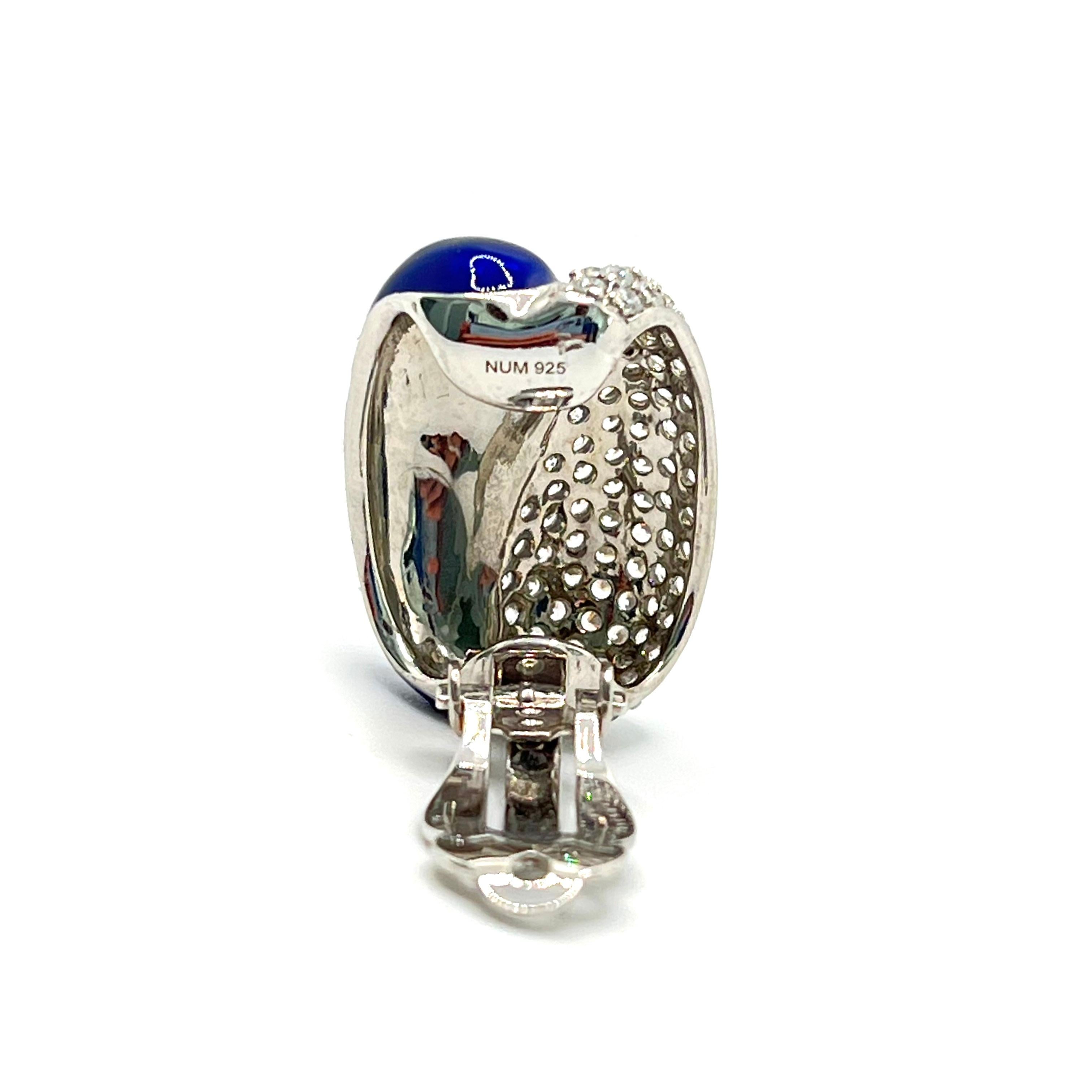 Sophisticated Half Royal Blue Enamel Half Pave Sterling Silver Clip-on Earrings For Sale 2
