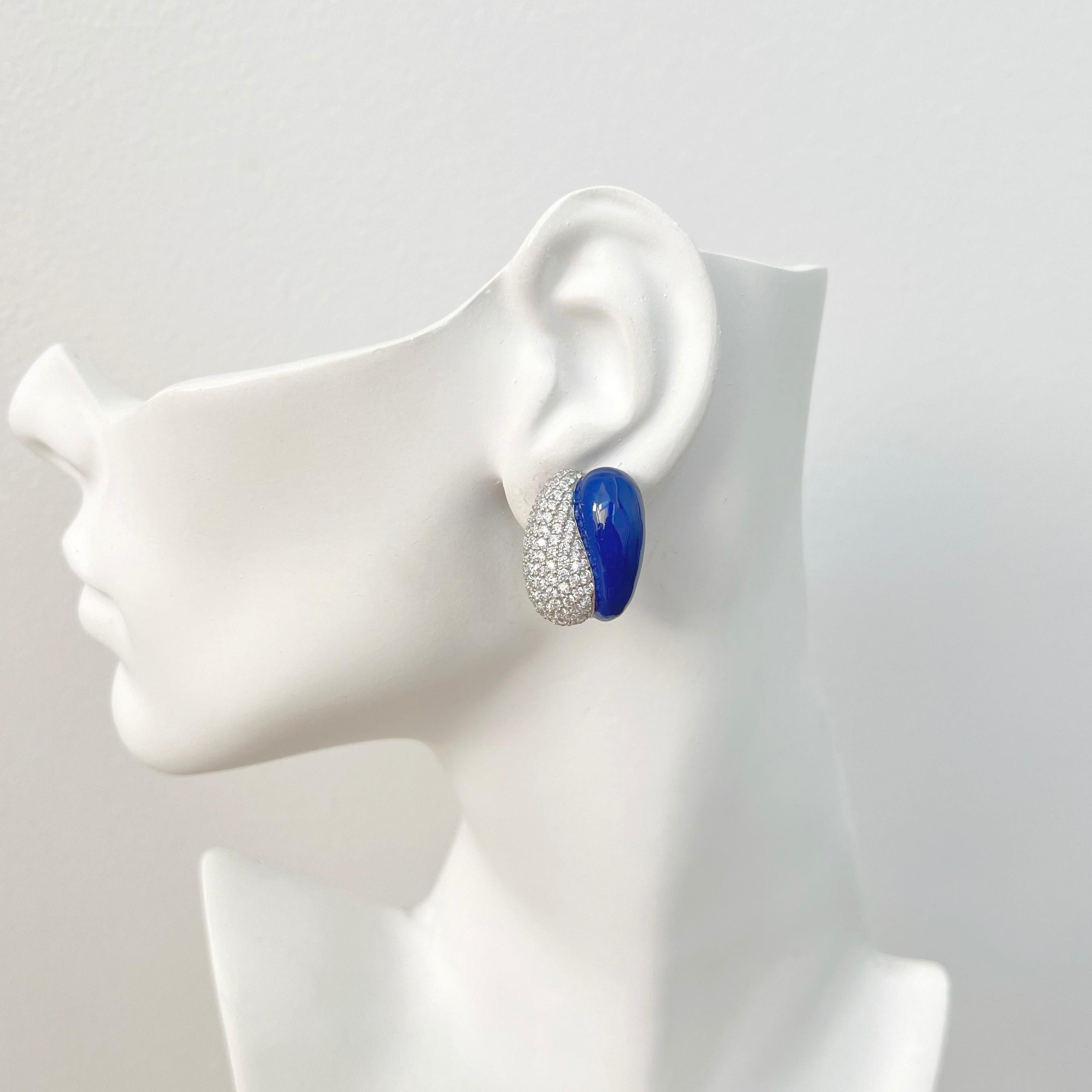 Sophisticated Half Royal Blue Enamel Half Pave Sterling Silver Clip-on Earrings For Sale 3