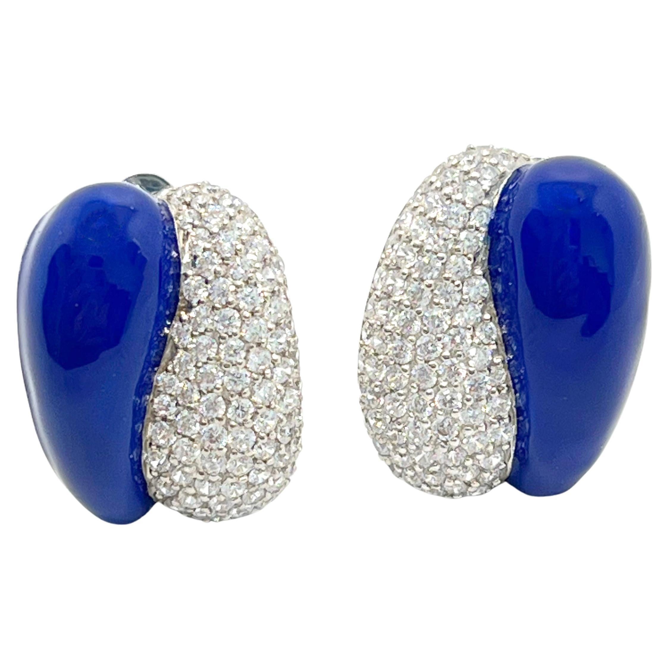 Sophisticated Half Royal Blue Enamel Half Pave Sterling Silver Clip-on Earrings For Sale