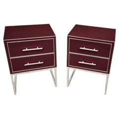 Sophisticated Italian Bedside Tables: Wine Red Glass, Hand-Carved Wood and Steel