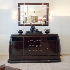 Sophisticated Large French Designer Mirror in Wood Frame with Silver Inlays