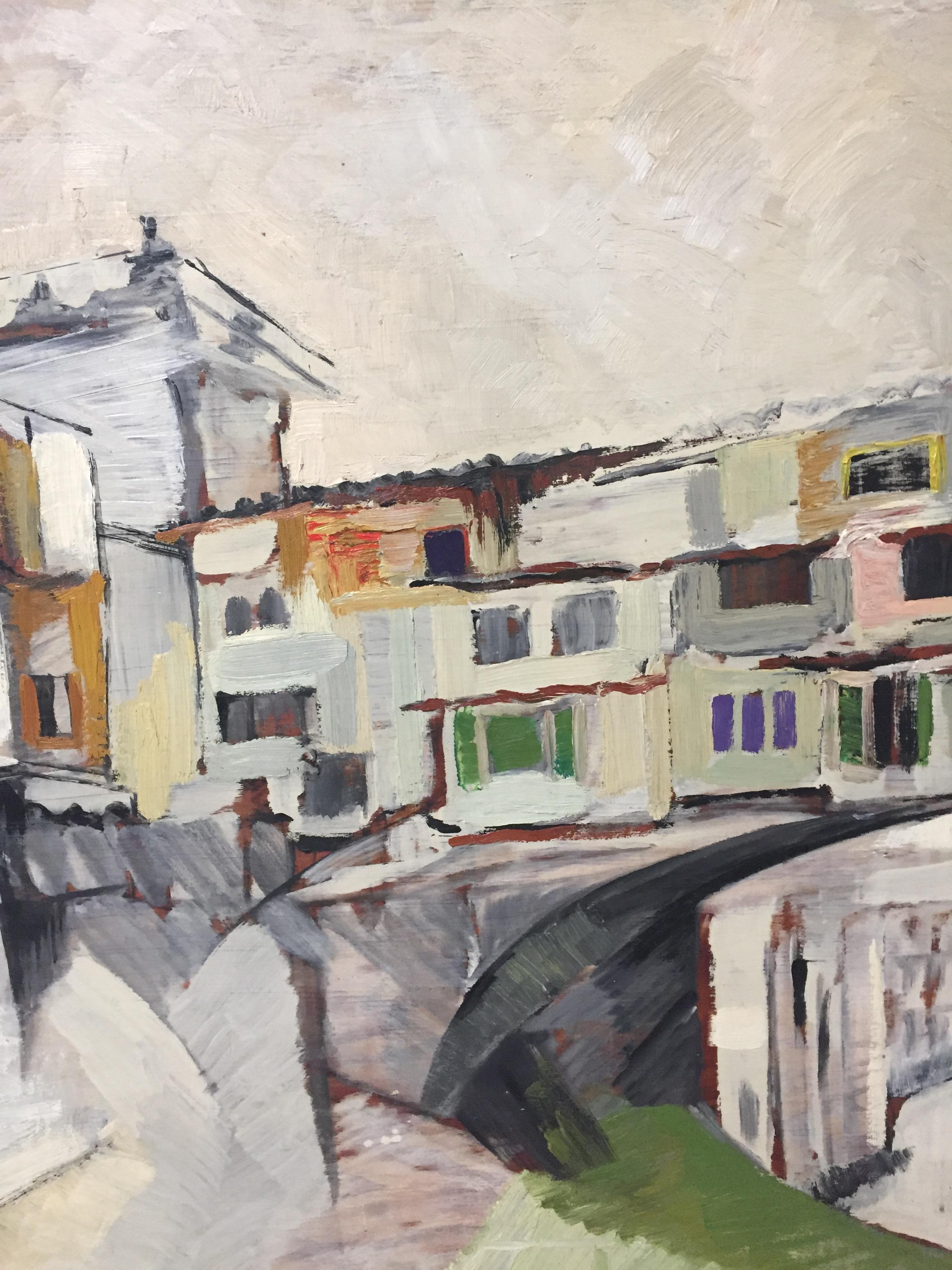 Modern stylized painting in a subtle color palette of cool greys, white, and tangerine , the subject matter is a city with bridges, bell tower, and terracotta buildings. Long horizontal shaped canvas with simple gold frame. 67.5 x 26 painting
