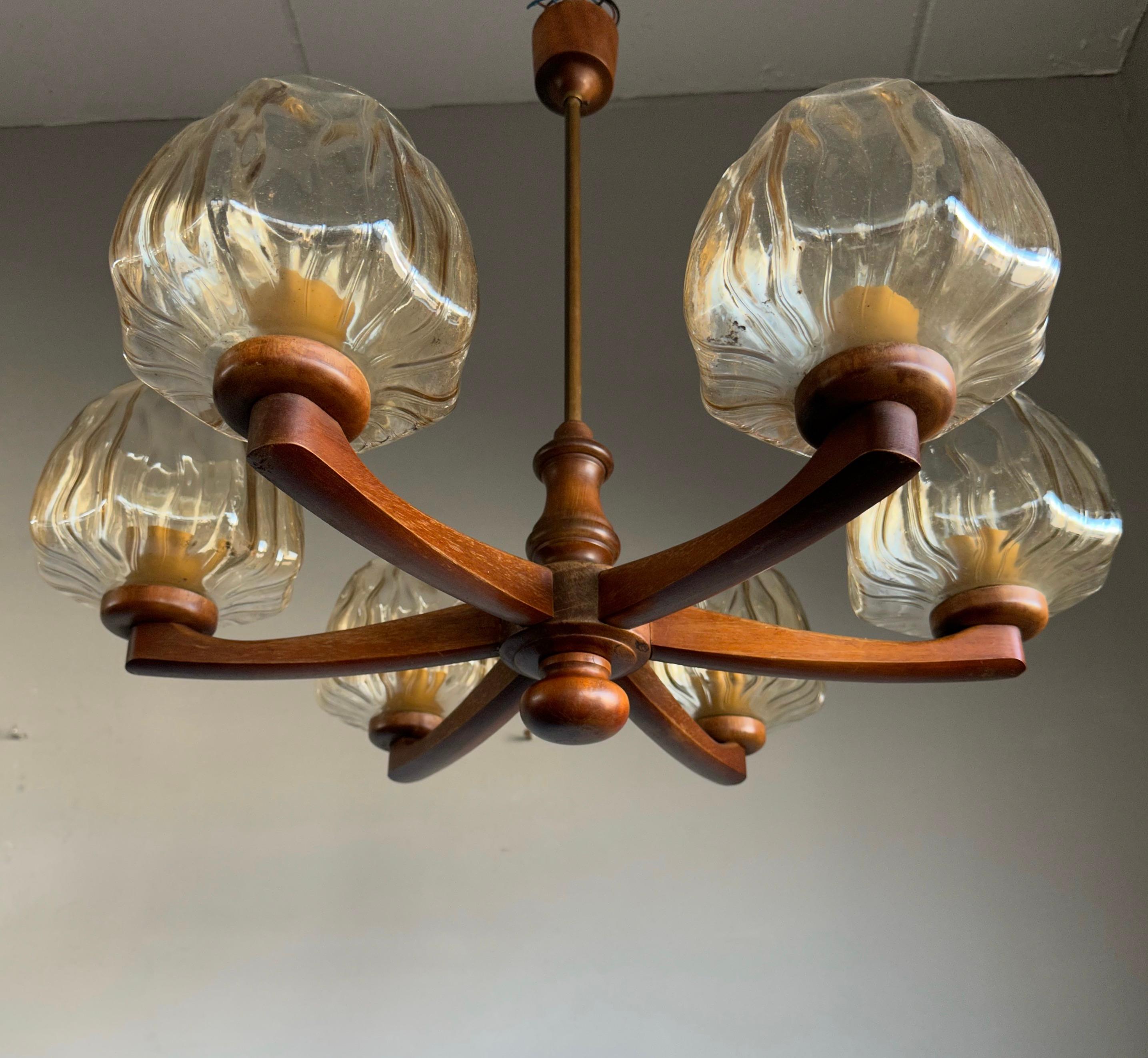 Sophisticated Mid-Century Modern 6 Light Chandelier with Art Glass Shades 1960s For Sale 5