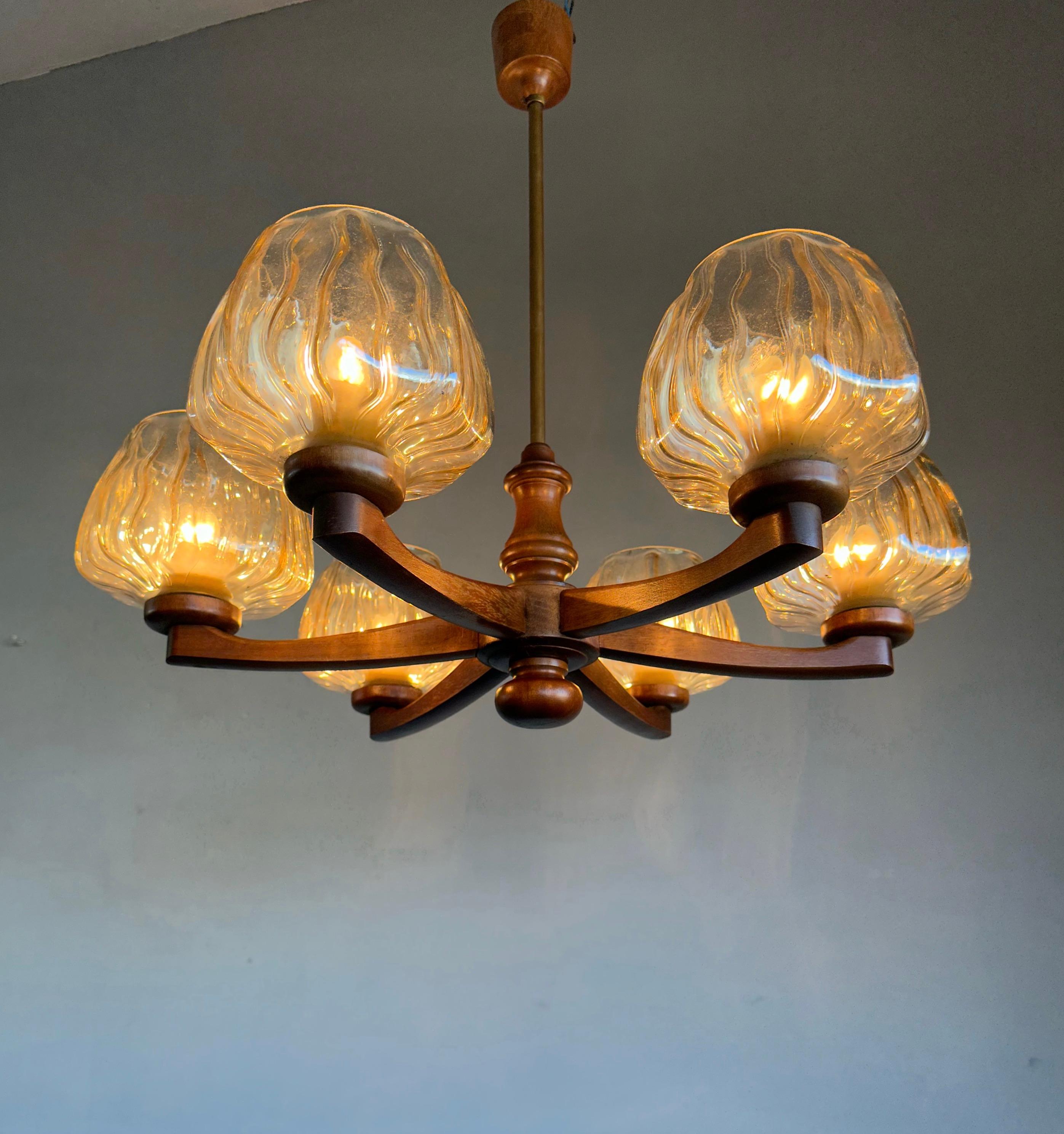Sophisticated Mid-Century Modern 6 Light Chandelier with Art Glass Shades 1960s For Sale 6