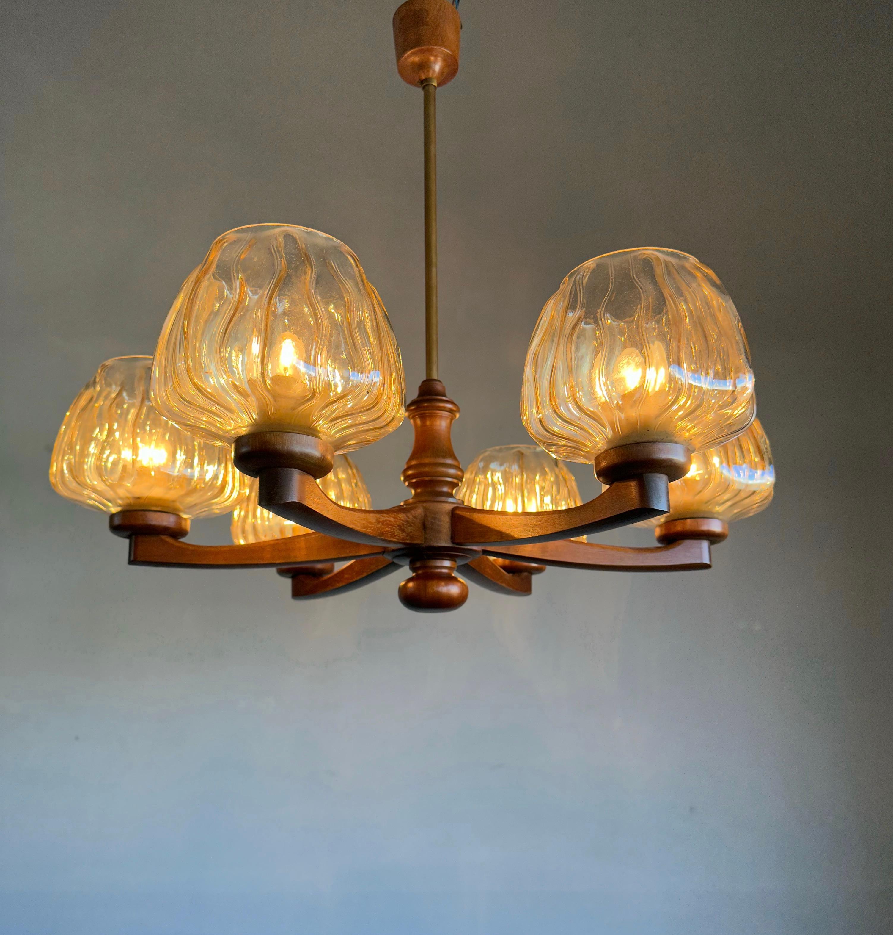 Sophisticated Mid-Century Modern 6 Light Chandelier with Art Glass Shades 1960s For Sale 7