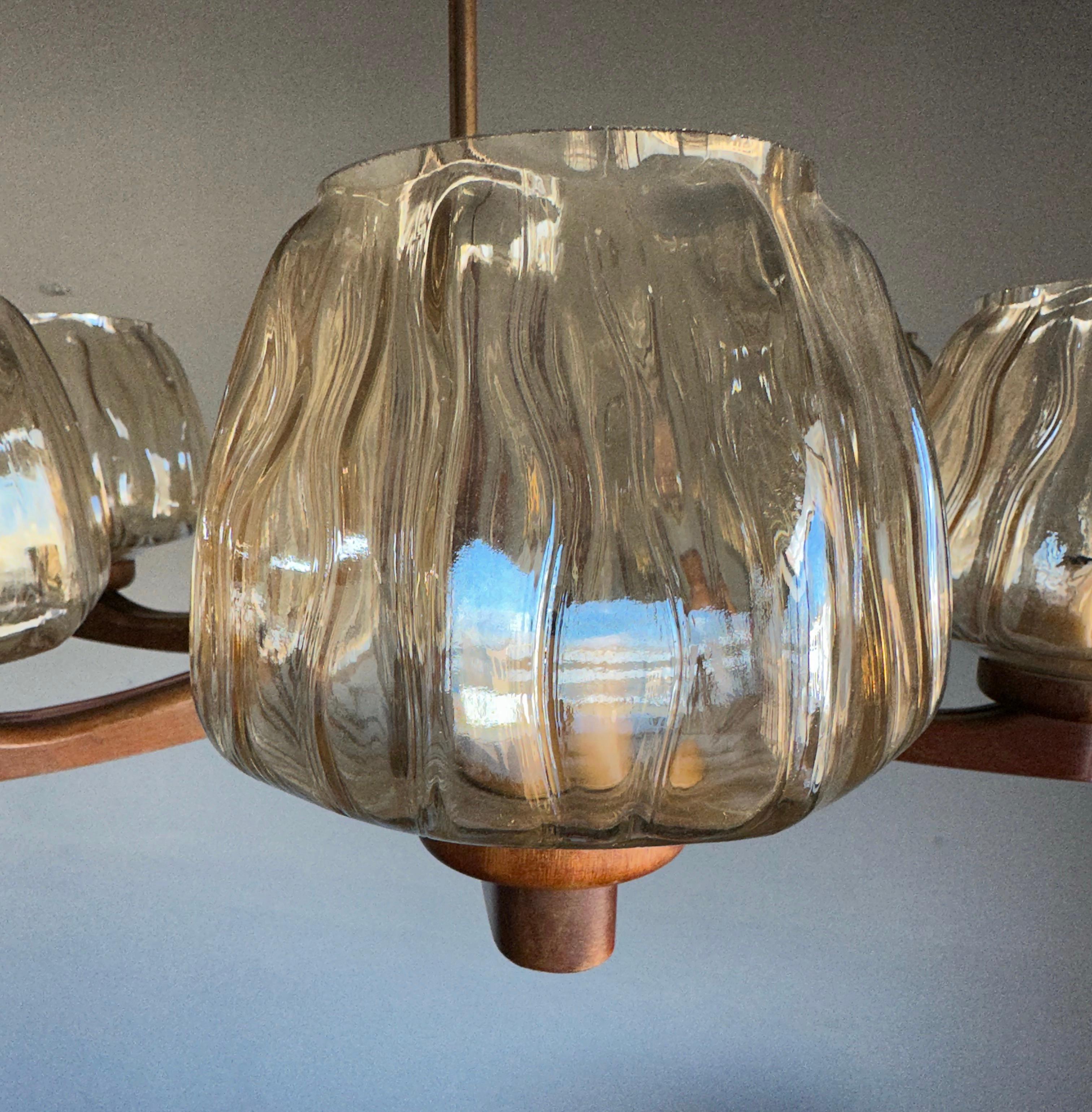 Sophisticated Mid-Century Modern 6 Light Chandelier with Art Glass Shades 1960s For Sale 10