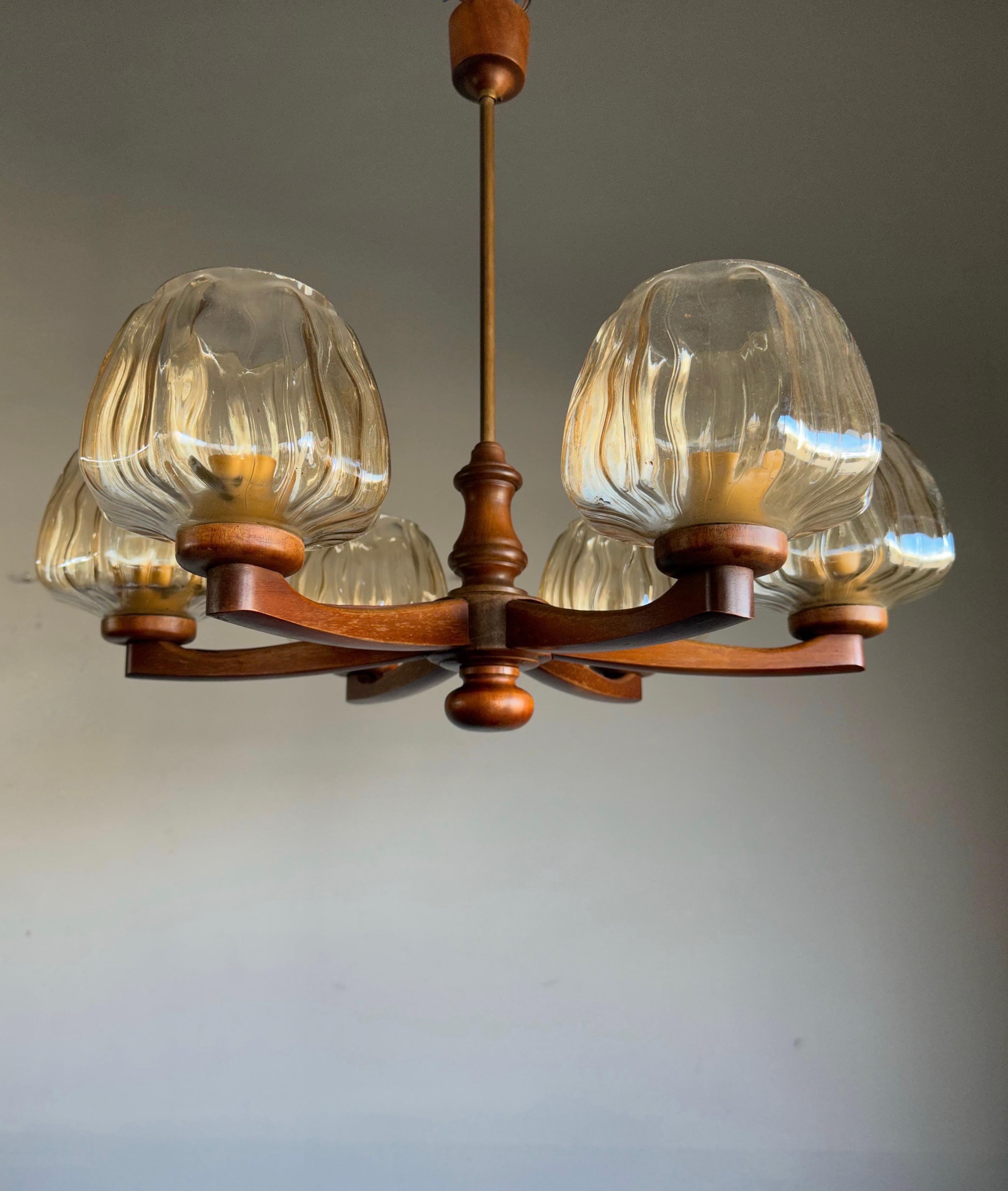 Sophisticated Mid-Century Modern 6 Light Chandelier with Art Glass Shades 1960s For Sale 12