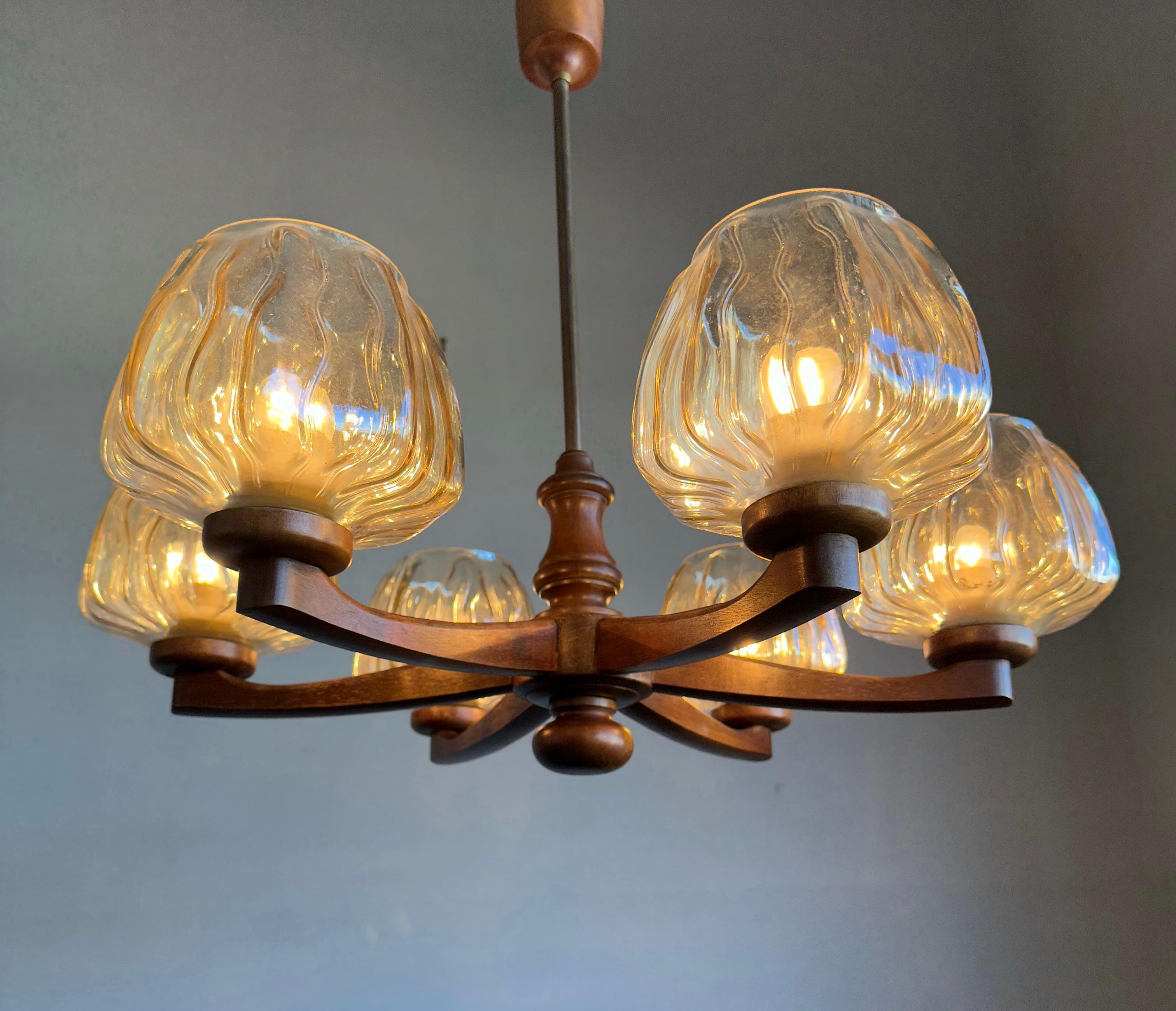 Sophisticated Mid-Century Modern 6 Light Chandelier with Art Glass Shades 1960s For Sale 13