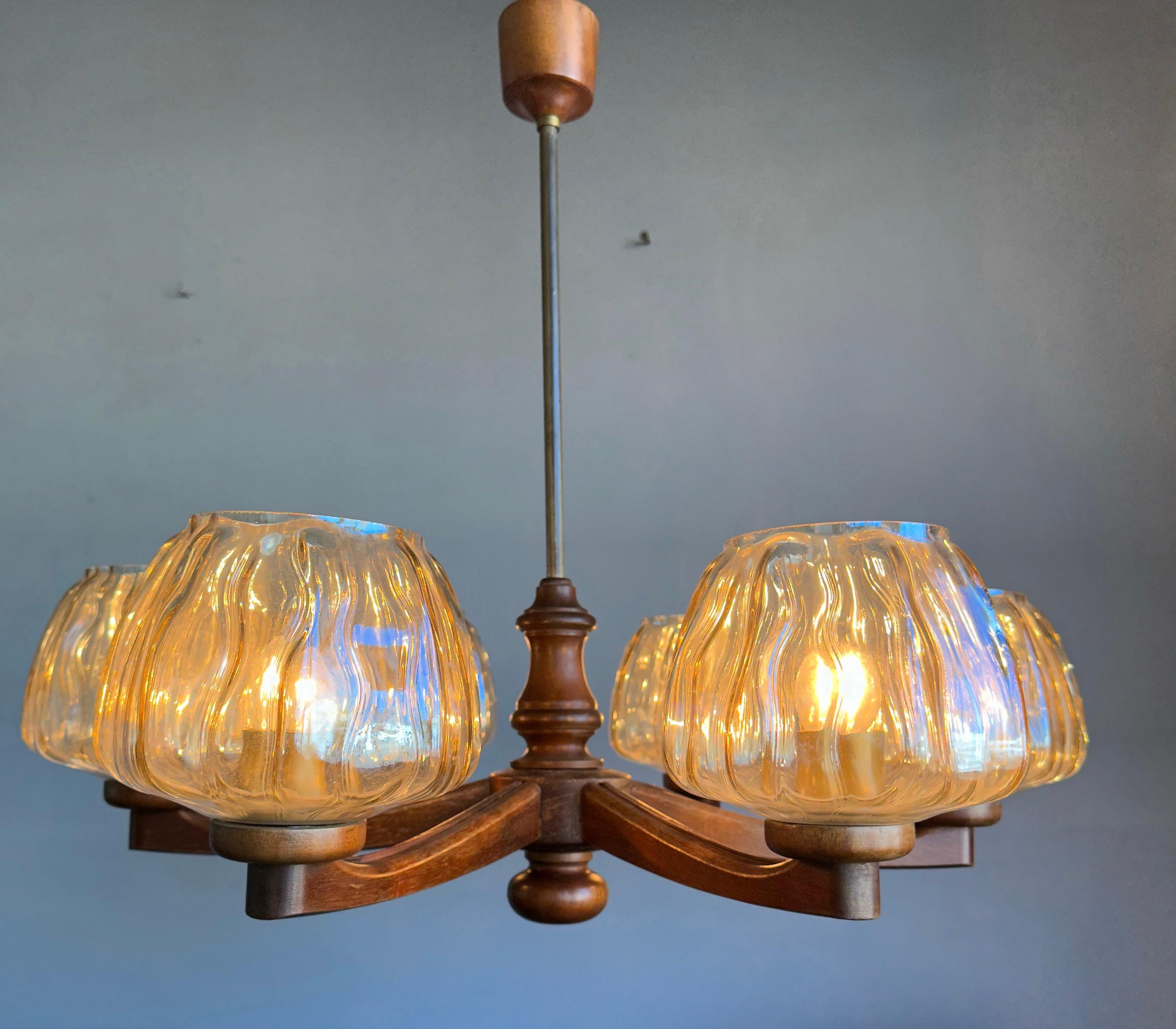 Sophisticated Mid-Century Modern 6 Light Chandelier with Art Glass Shades 1960s For Sale 14