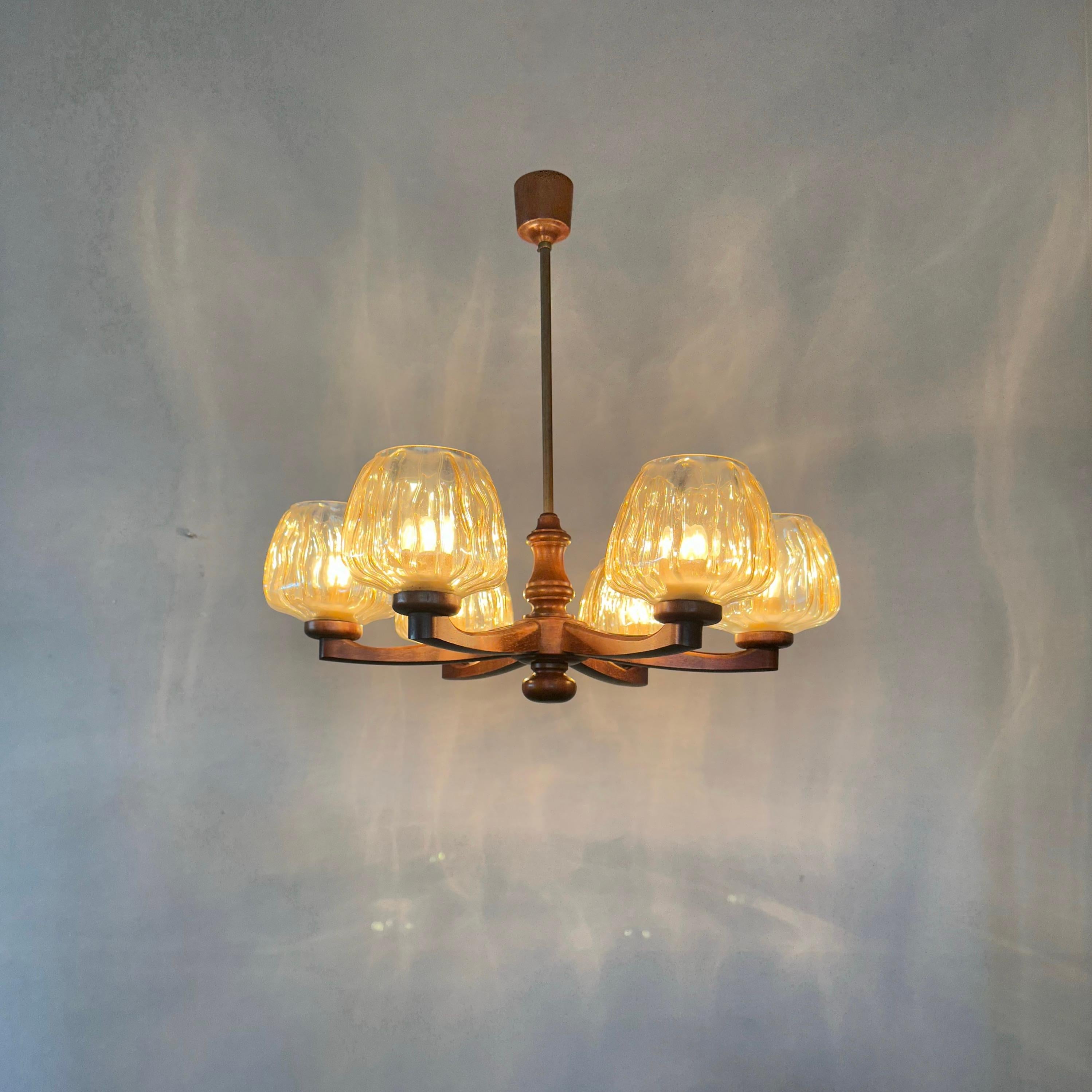 Scandinavian Sophisticated Mid-Century Modern 6 Light Chandelier with Art Glass Shades 1960s For Sale