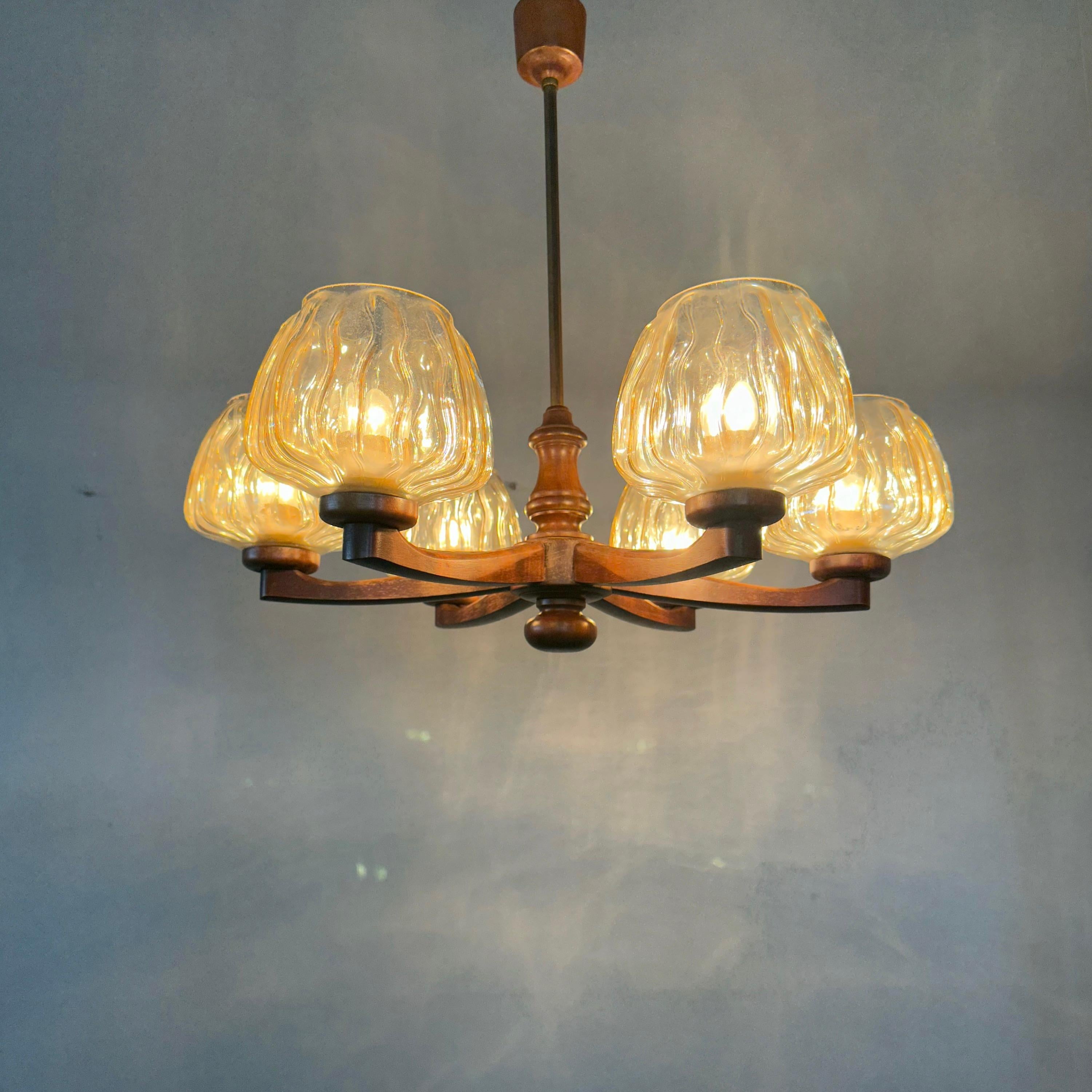 Cast Sophisticated Mid-Century Modern 6 Light Chandelier with Art Glass Shades 1960s For Sale