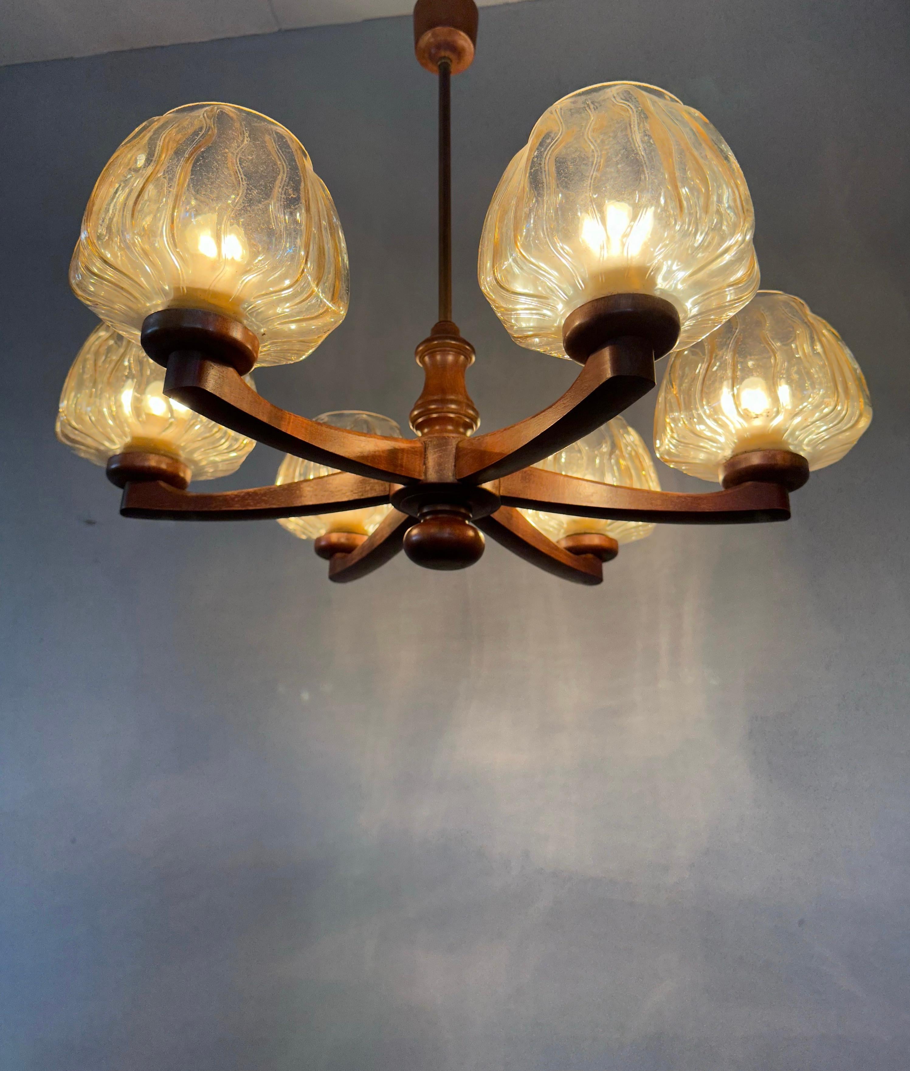 Mid-20th Century Sophisticated Mid-Century Modern 6 Light Chandelier with Art Glass Shades 1960s For Sale