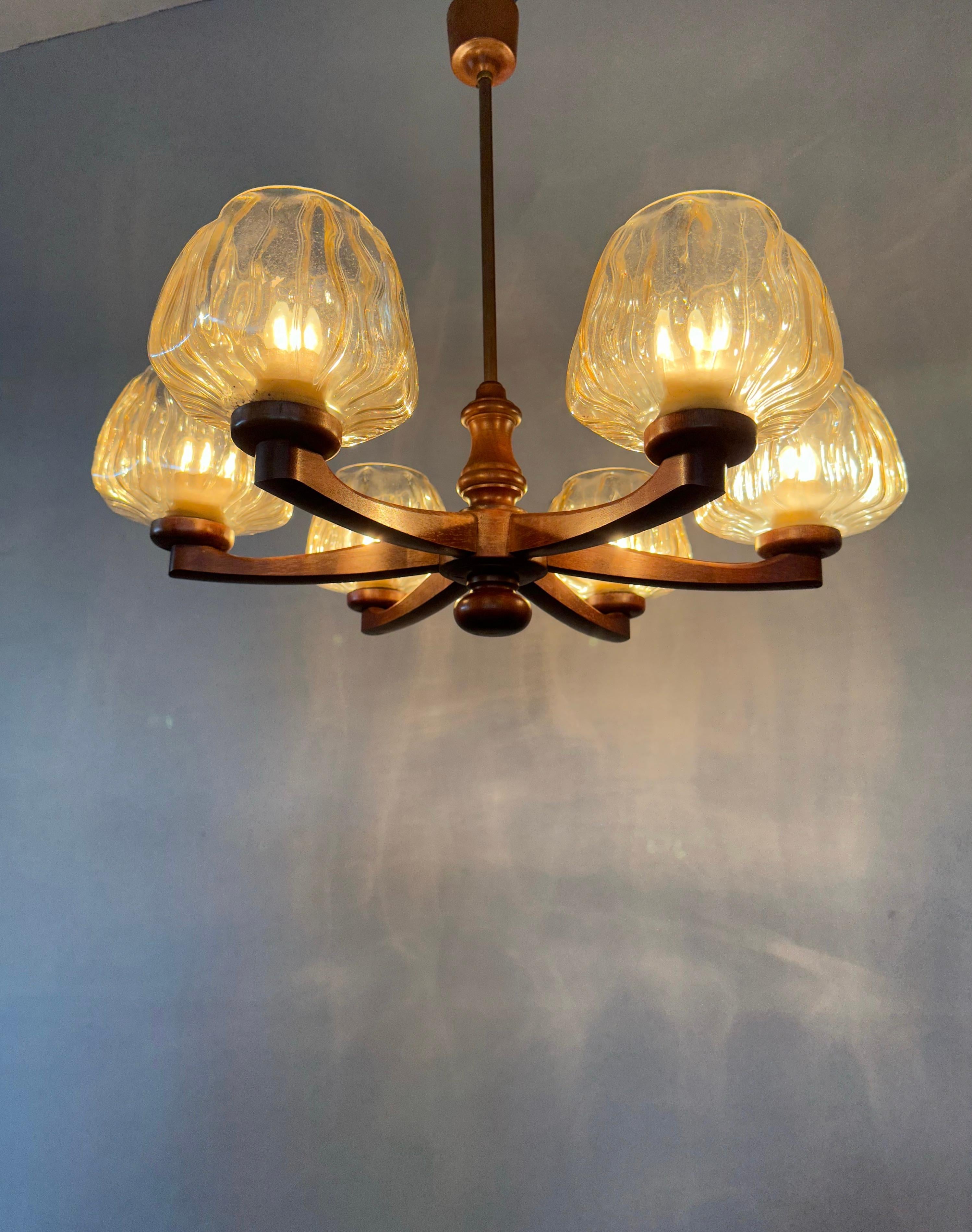 Sophisticated Mid-Century Modern 6 Light Chandelier with Art Glass Shades 1960s For Sale 1