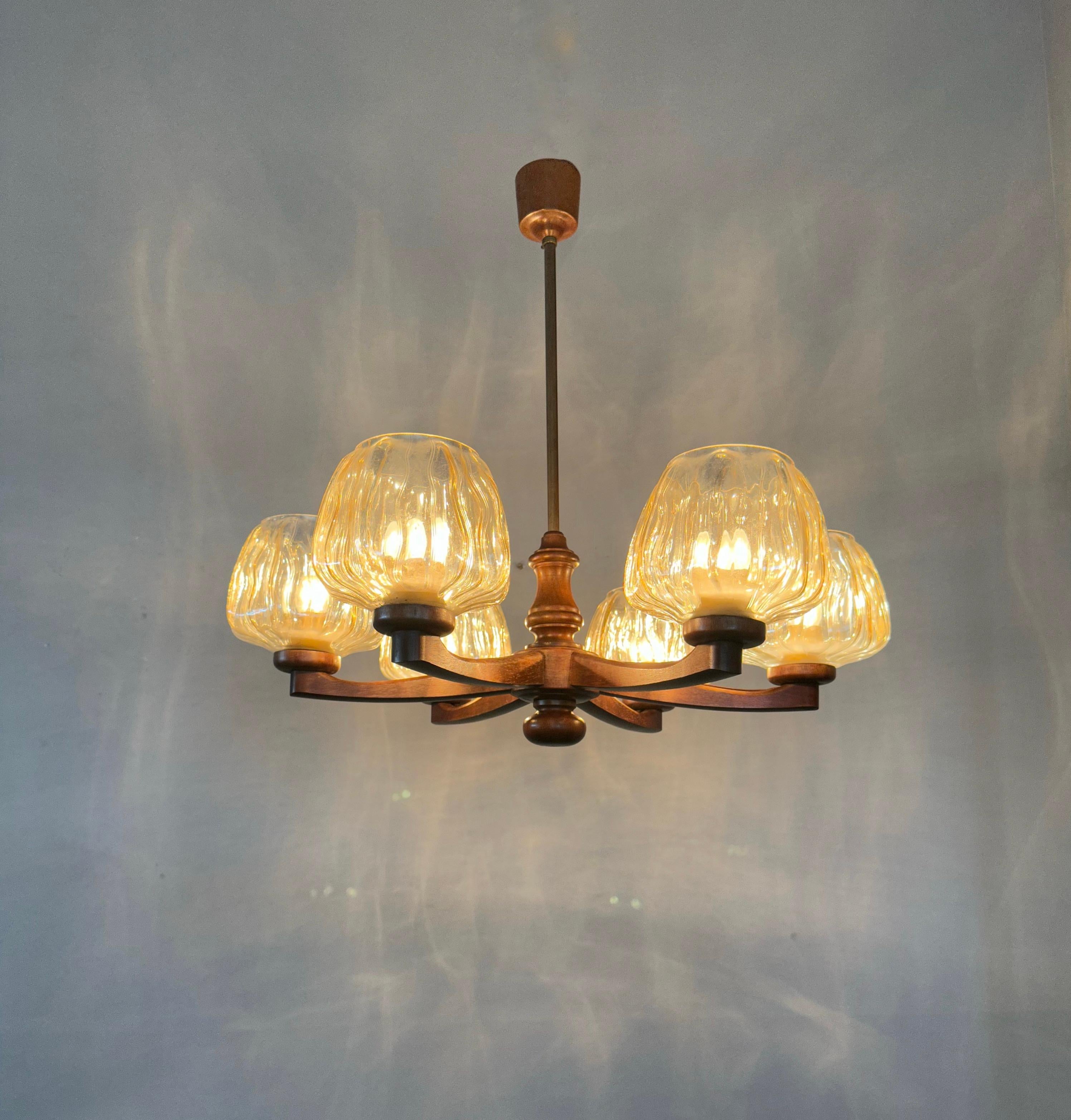 Sophisticated Mid-Century Modern 6 Light Chandelier with Art Glass Shades 1960s For Sale 2