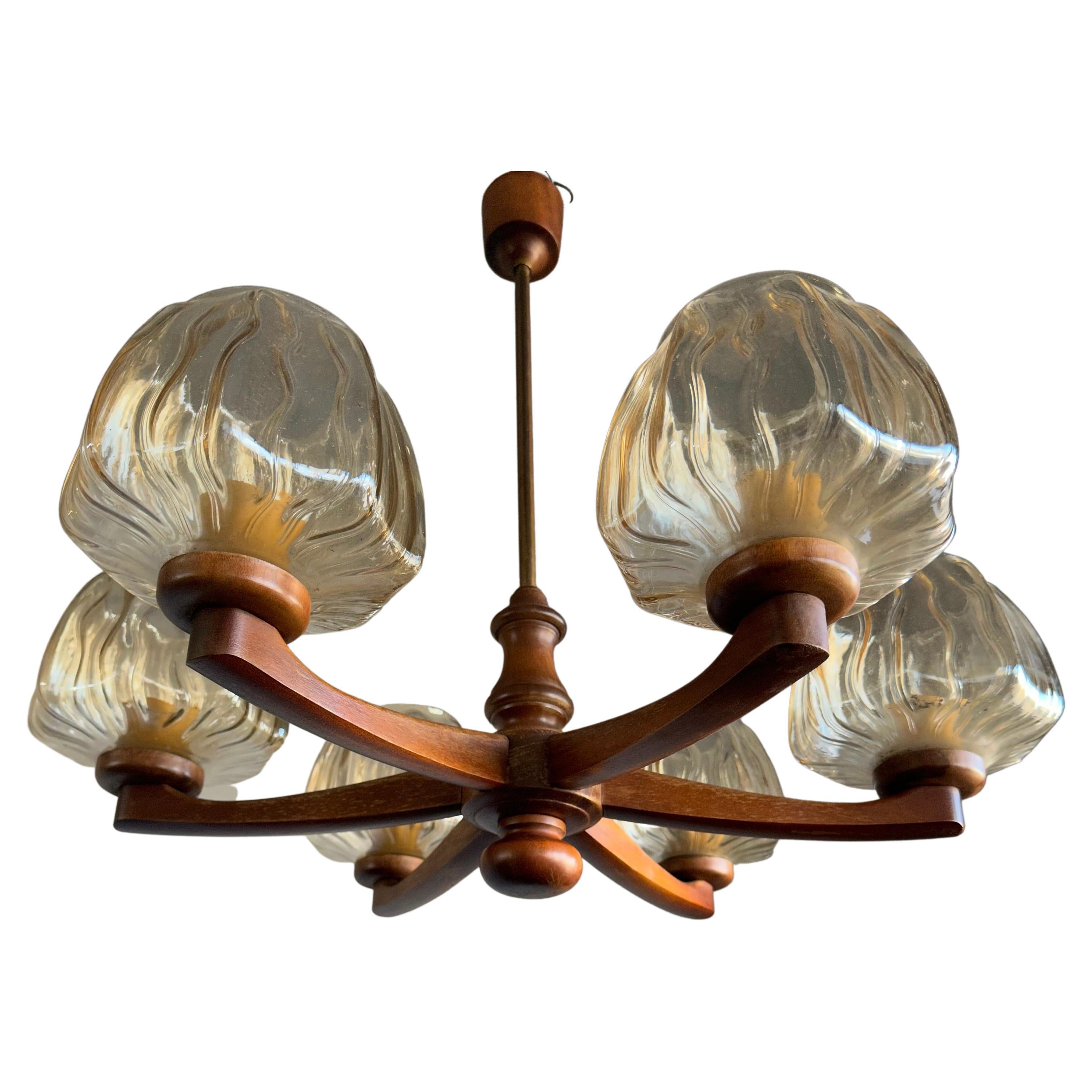 Sophisticated Mid-Century Modern 6 Light Chandelier with Art Glass Shades 1960s For Sale