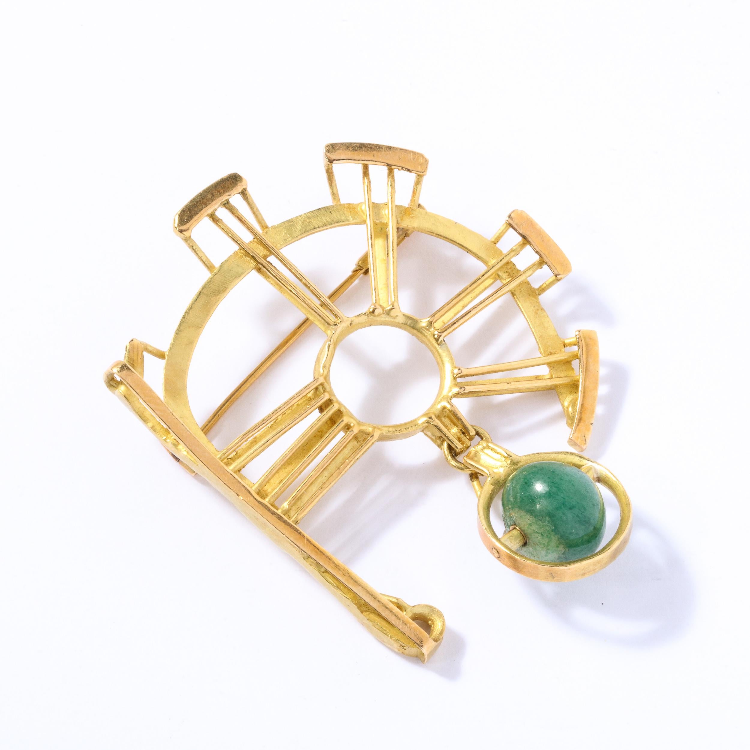 Ball Cut Sophisticated Mid-Century Modernist Serpentine Jade Gold Brooch For Sale