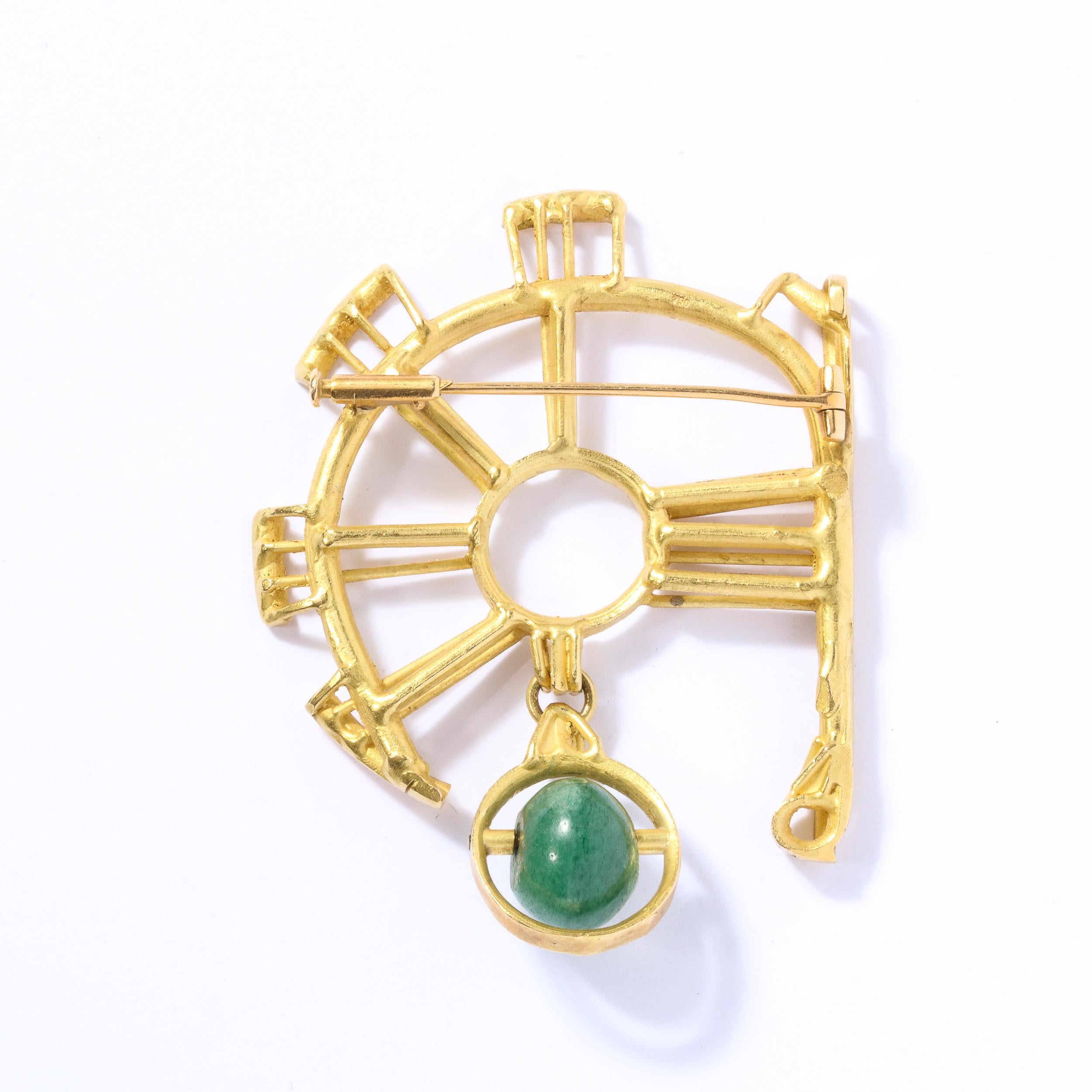 Women's Sophisticated Mid-Century Modernist Serpentine Jade Gold Brooch For Sale
