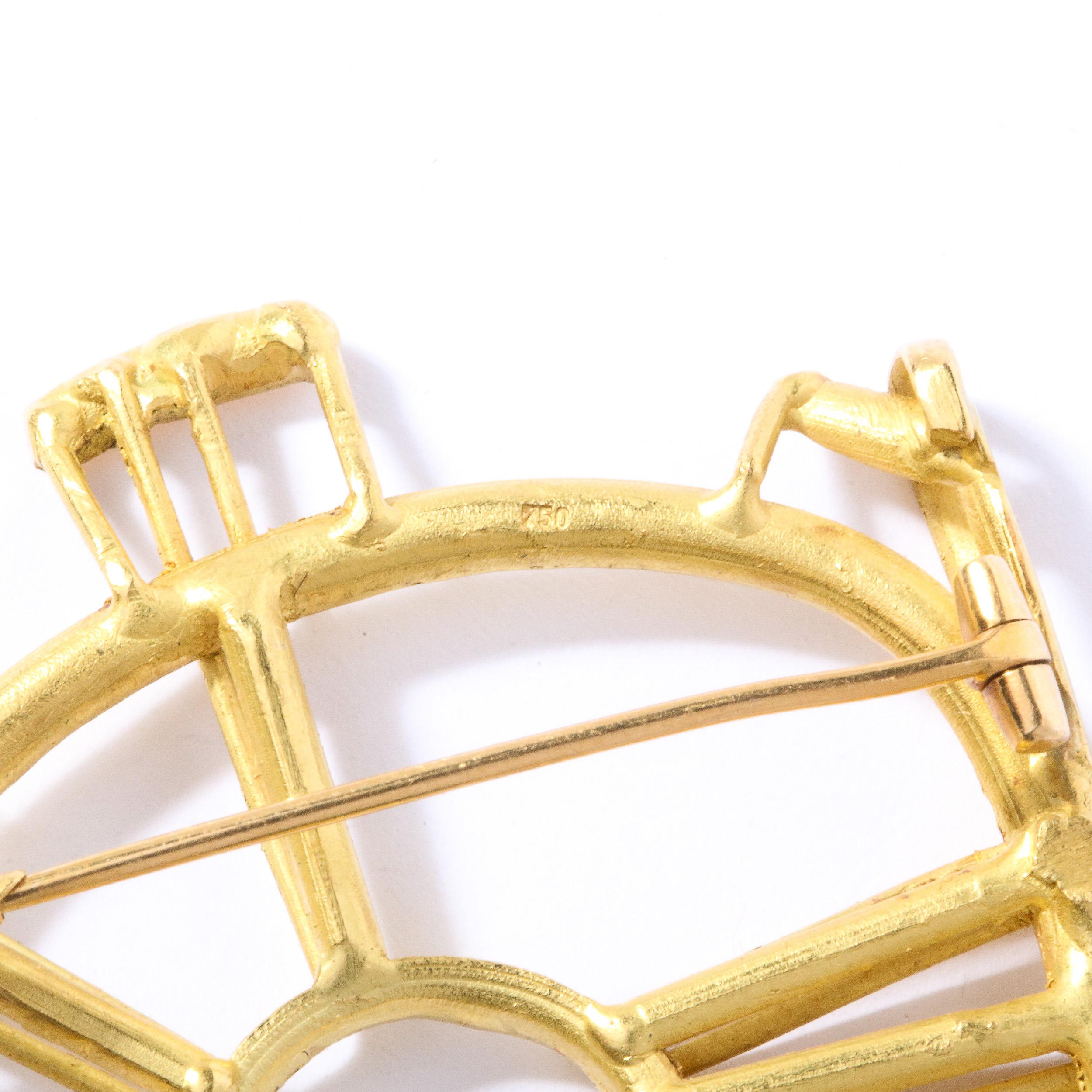 Sophisticated Mid-Century Modernist Serpentine Jade Gold Brooch For Sale 1