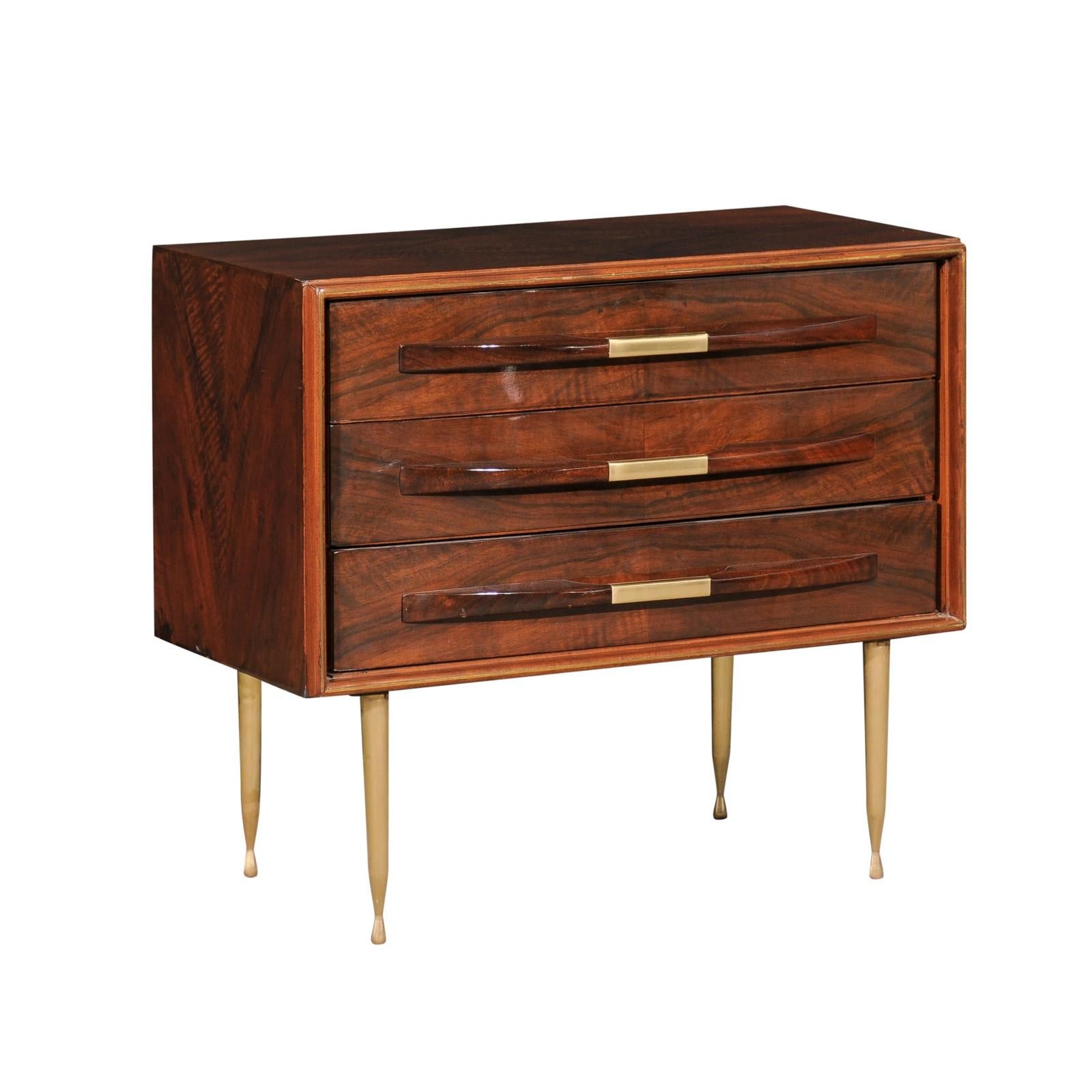 This magnificent commode is shipped as professionally photographed and described in the listing narrative: Meticulously professionally restored and completely installation ready. 

An exquisite modern bookmatch walnut and brass commode, Italy, circa