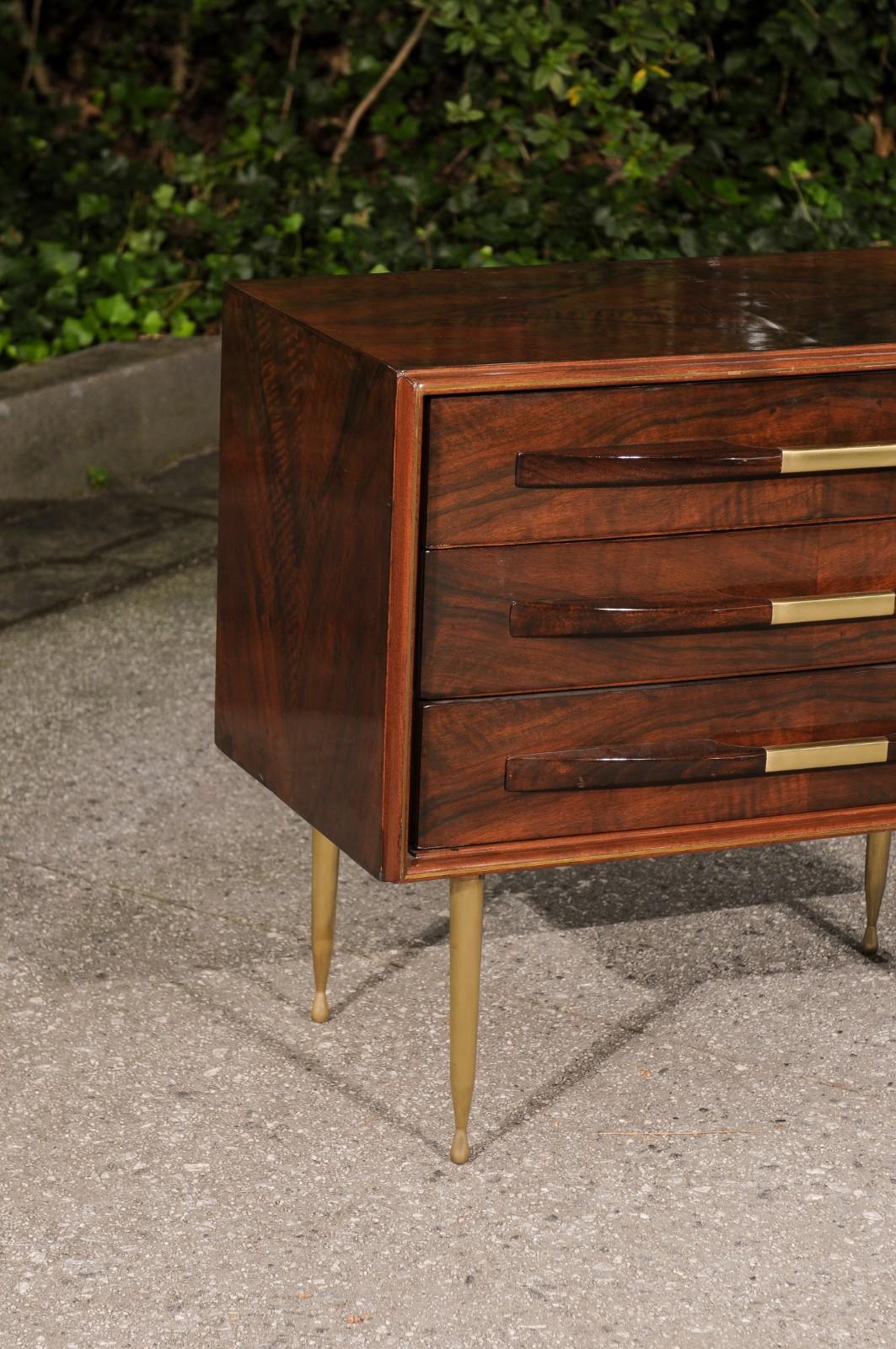 Sophisticated Modern Bookmatch Walnut and Brass Commode, Italy, circa 1950 In Excellent Condition For Sale In Atlanta, GA