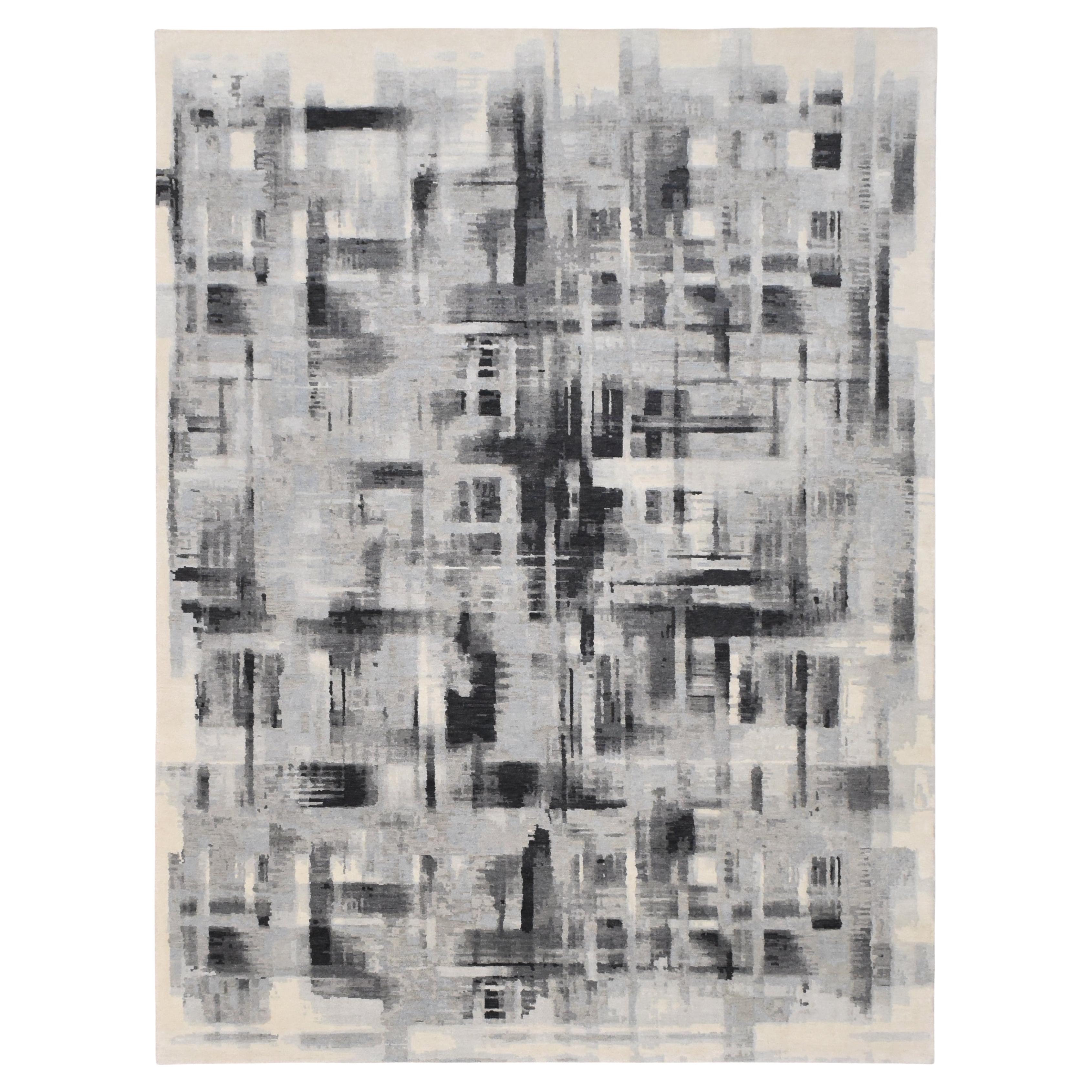 Tapis monochrome contemporain sophistiqué en laine et soie tibétaine 9'x12'.