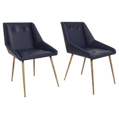 Sophisticated Navy Leather Chairs Flared Brass Legs Gio Ponti 1950s, Set of 2