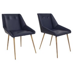 Sophisticated Navy Leather Chairs Flared Brass Legs Gio Ponti 1950s, Set of 2