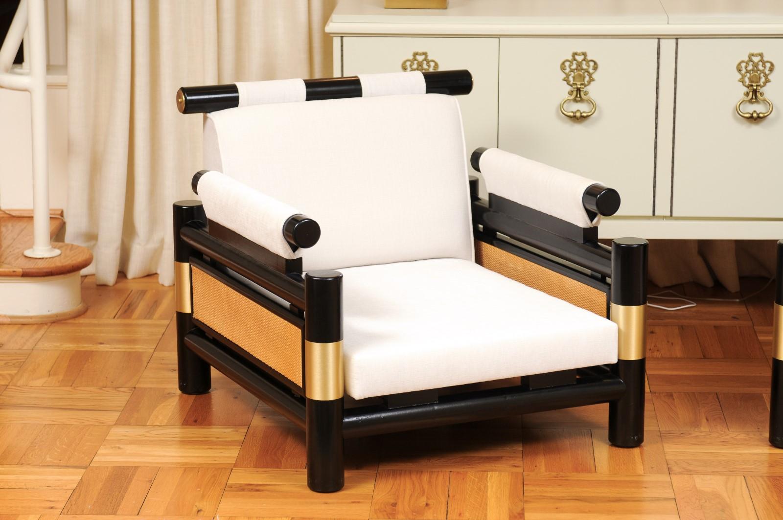 Stellar Pair of Cane and Brass Loungers by Taylor for Baker, 2 Pair Available For Sale 11