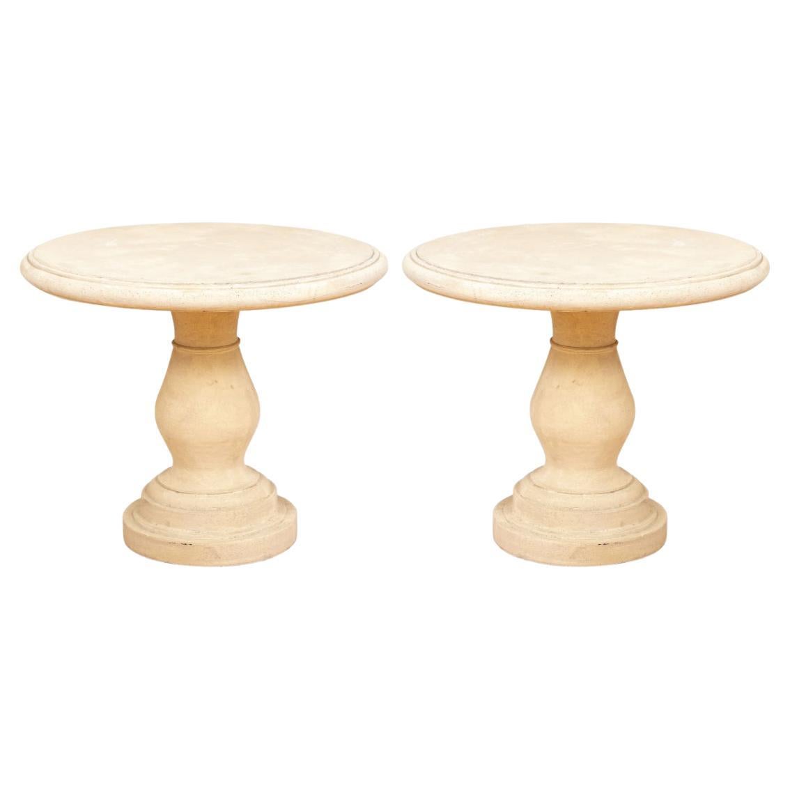 Sophisticated Pair Of Cast Faux Stone Round Pedestal Side Tables