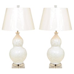 Sophisticated Pair of Custom Large Fish-Scale Glaze Ceramic Double Gourd Lamps